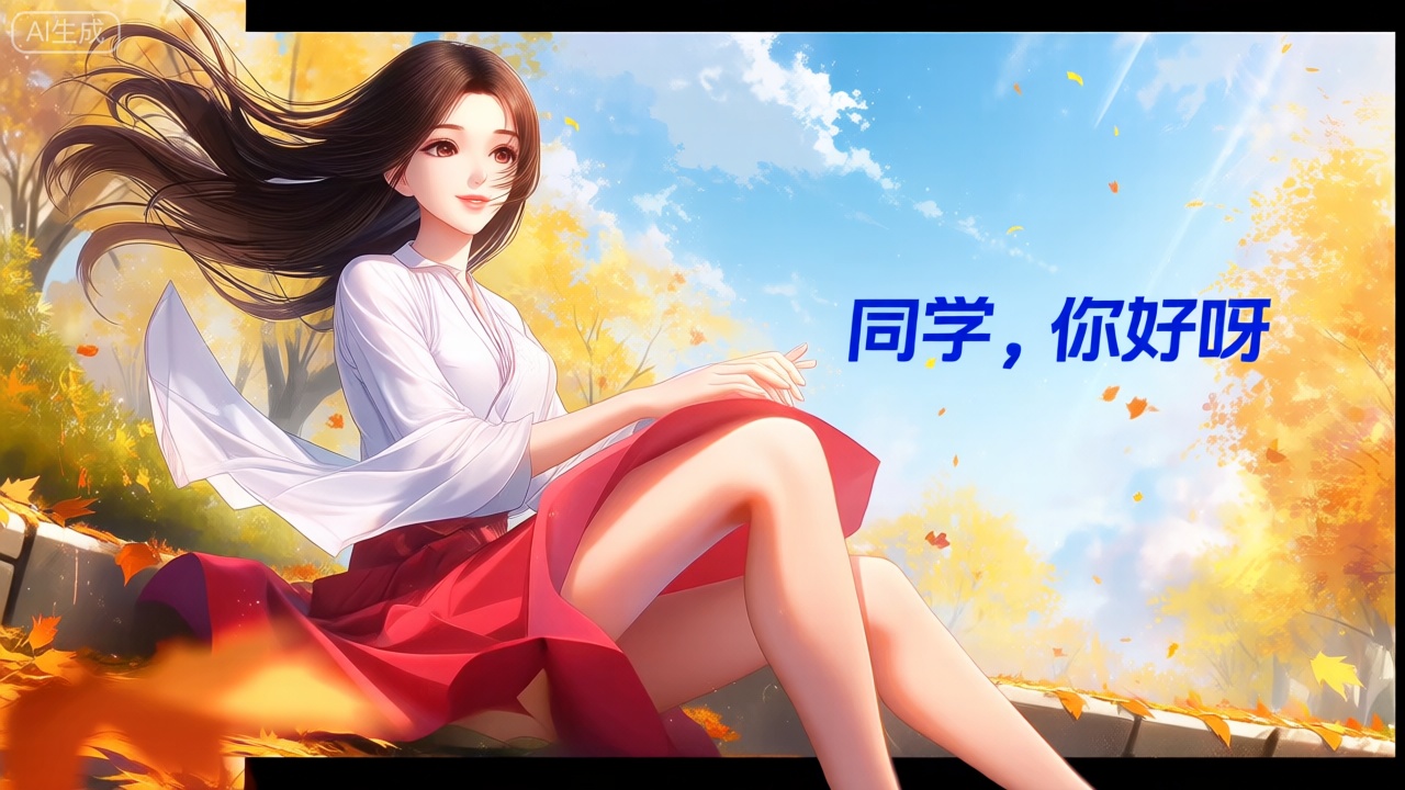裸眼3D画面,动画风,画面左侧是一位绝美女性的形象,她身穿白色衬衫、红色裙子；所处环境为秋风落叶的场景,周边有黄色树木、蓝色天空与白云；该女性的长发随风飘扬,眼睛睁开、面带微笑且直视观众；以侧坐姿态呈现,右侧腿部放松；拥有精致的肌肤,采用正面照明方式,光线均匀,女人直视观众；画面右上侧用符合整体风格的字体显示‘同学,你好呀’；场景外设有玻璃墙。
