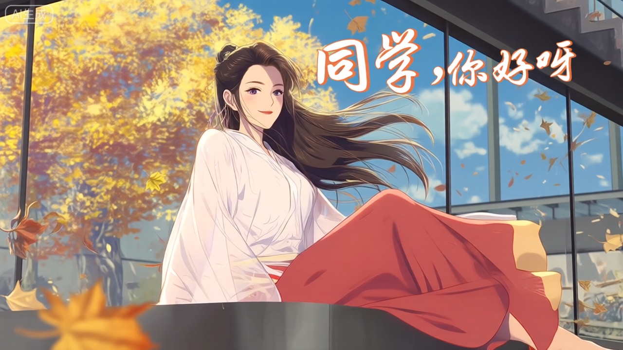 第二类裸眼3D画面,动画风,场景画面左侧展现一个绝美的女人,身穿白色衬衫、红色裙子,她的环境在秋风落叶下,有黄色的树、有蓝色天空、白云。她的长发随风飘扬、眼睛睁着、微笑,右上侧符合画面风格字体显示“同学,你好呀”一词。女人侧坐着右侧腿放松。精致的肌肤,正面照明,均匀光线,女人直视观众。场景外是玻璃墙。