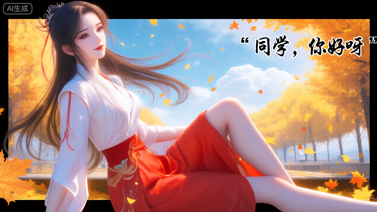 第二类裸眼3D画面,3D渲染,场景画面左侧展现一个绝美的女人,身穿白色衬衫、红色裙子,她的环境在秋风落叶下,有黄色的树、有蓝色天空、白云。她的长发随风飘扬、眼睛睁着、微笑,右上侧符合画面风格字体显示“同学,你好呀”一词。女人侧坐着右侧腿放松。精致的肌肤,正面照明,均匀光线,女人直视观众。场景外是玻璃墙。
