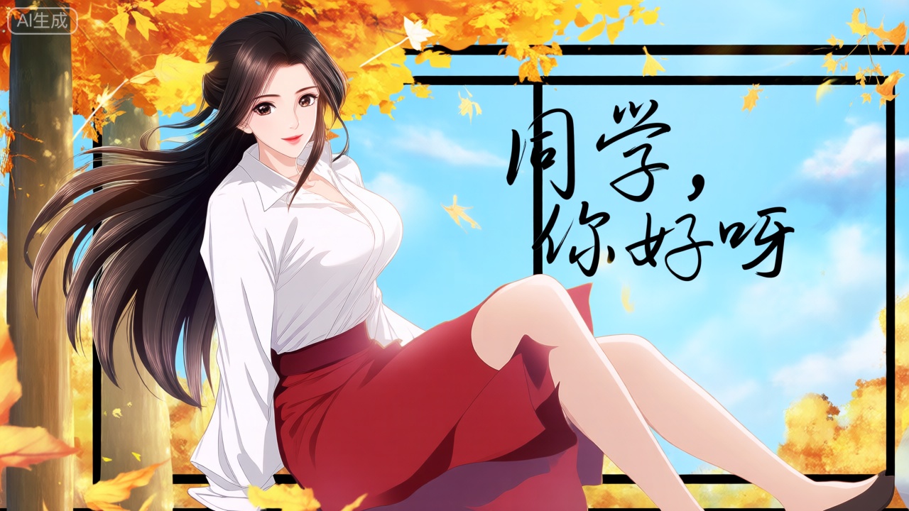 裸眼3D画面,动画风,画面左侧是一位绝美女性的形象,她身穿白色衬衫、红色裙子；所处环境为秋风落叶的场景,周边有黄色树木、蓝色天空与白云；该女性的长发随风飘扬,眼睛睁开、面带微笑且直视观众；以侧坐姿态呈现,右侧腿部放松；拥有精致的肌肤,采用正面照明方式,光线均匀,女人直视观众；画面右上侧用符合整体风格的字体显示‘同学,你好呀’；场景外设有玻璃墙。