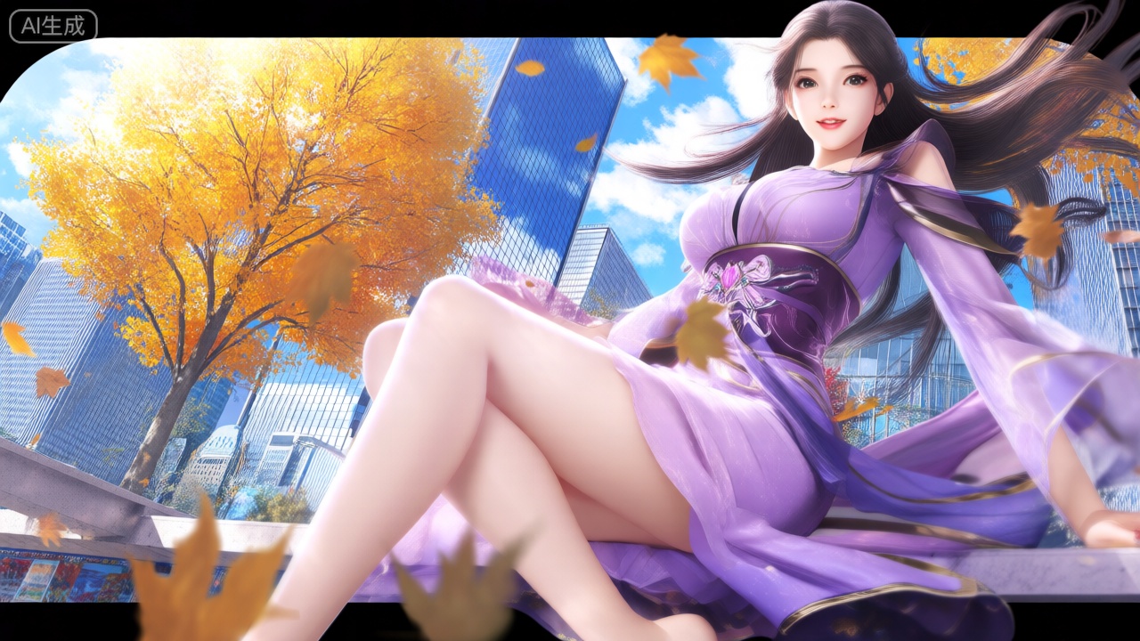 第一类裸眼3D画面,场景画面左侧展现一个穿着紫色连衣裙的女人,她的环境在秋风落叶下,有黄色的树、有蓝色天空、白云。她的长发随风飘扬,眼睛睁着,微笑。女人侧坐着右侧腿放松。精致的肌肤,正面照明,均匀光线,女人直视观众。背景为坚固的高楼和白色天空,有很多紧闭的玻璃窗户。场景是在背景下设置的。