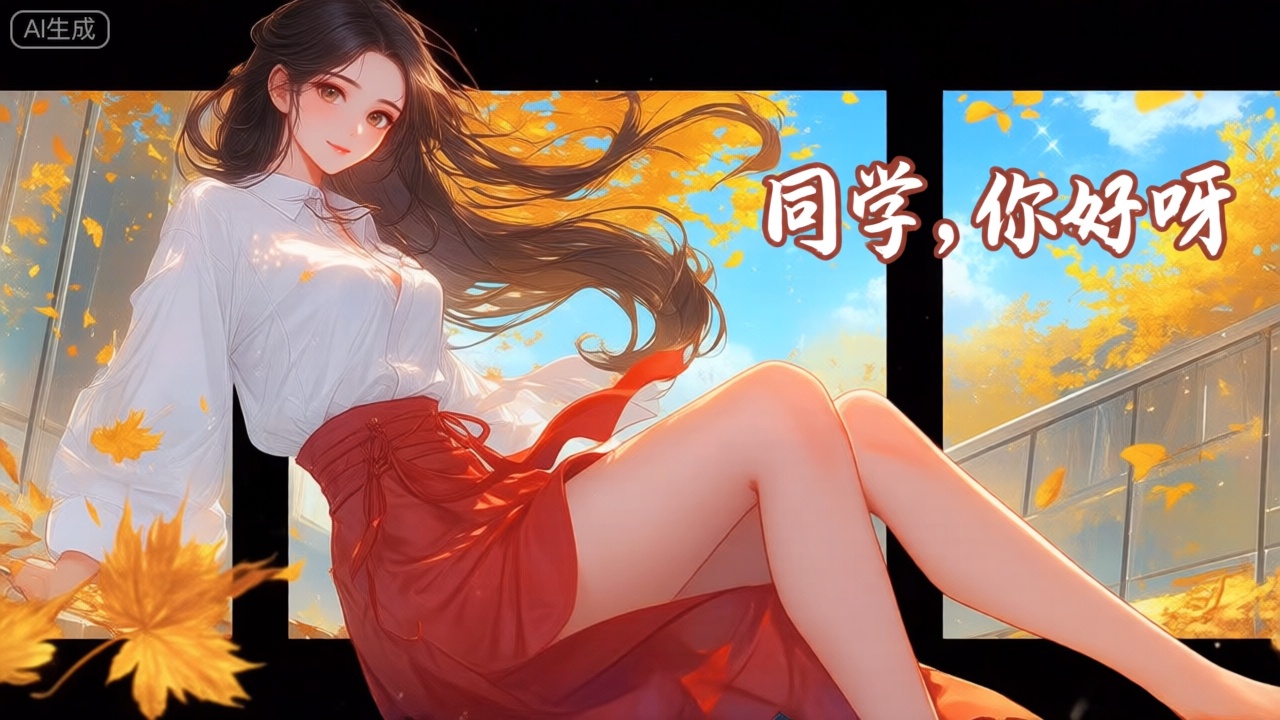 裸眼3D画面,动画风,画面左侧是一位绝美女性的形象,她身穿白色衬衫、红色裙子；所处环境为秋风落叶的场景,周边有黄色树木、蓝色天空与白云；该女性的长发随风飘扬,眼睛睁开、面带微笑且直视观众；以侧坐姿态呈现,右侧腿部放松；拥有精致的肌肤,采用正面照明方式,光线均匀,女人直视观众；画面右上侧用符合整体风格的字体显示‘同学,你好呀’；场景外设有玻璃墙。