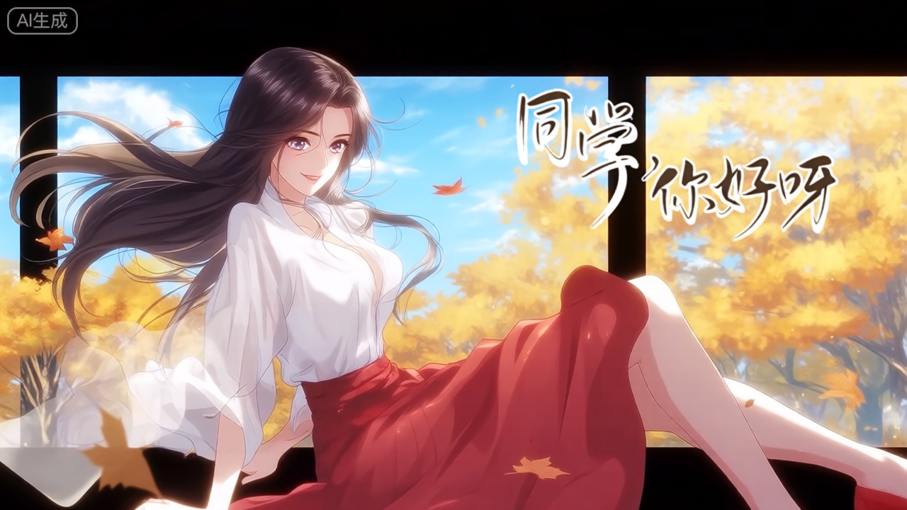 第二类裸眼3D画面,动画风,场景画面左侧展现一个绝美的女人,身穿白色衬衫、红色裙子,她的环境在秋风落叶下,有黄色的树、有蓝色天空、白云。她的长发随风飘扬、眼睛睁着、微笑,右上侧符合画面风格字体显示“同学,你好呀”一词。女人侧坐着右侧腿放松。精致的肌肤,正面照明,均匀光线,女人直视观众。场景外是玻璃墙。
