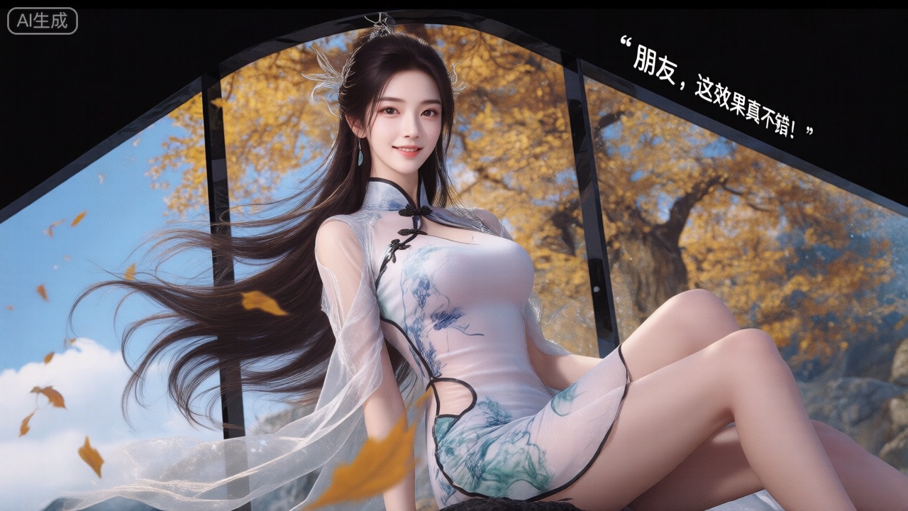 裸眼3D画面,真人风,120度斜角玻璃屏幕,画面左侧是一位绝美仙子,冰肌玉骨,新中式改良雪纺紧身旗袍,旗袍上有青花图案；所处环境为秋风落叶的场景,周边有黄色树木、蓝色天空与白云；该女性的长发随风飘扬,眼睛睁开、面带微笑且直视观众；以侧坐姿态呈现,右侧腿部放松；拥有精致的肌肤,采用正面照明方式,光线均匀,女人直视观众；画面右上侧用符合整体风格的字体显示‘’朋友,这效果真不错！‘’一词；场景外设有玻璃墙。