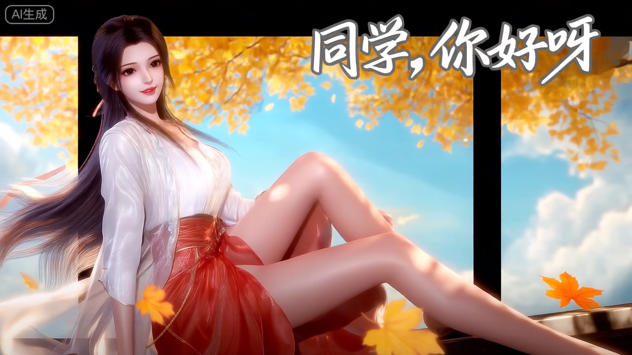 第二类裸眼3D画面,3D渲染,场景画面左侧展现一个绝美的女人,身穿白色衬衫、红色裙子,她的环境在秋风落叶下,有黄色的树、有蓝色天空、白云。她的长发随风飘扬、眼睛睁着、微笑,右上侧符合画面风格字体显示“同学,你好呀”一词。女人侧坐着右侧腿放松。精致的肌肤,正面照明,均匀光线,女人直视观众。场景外是玻璃墙。