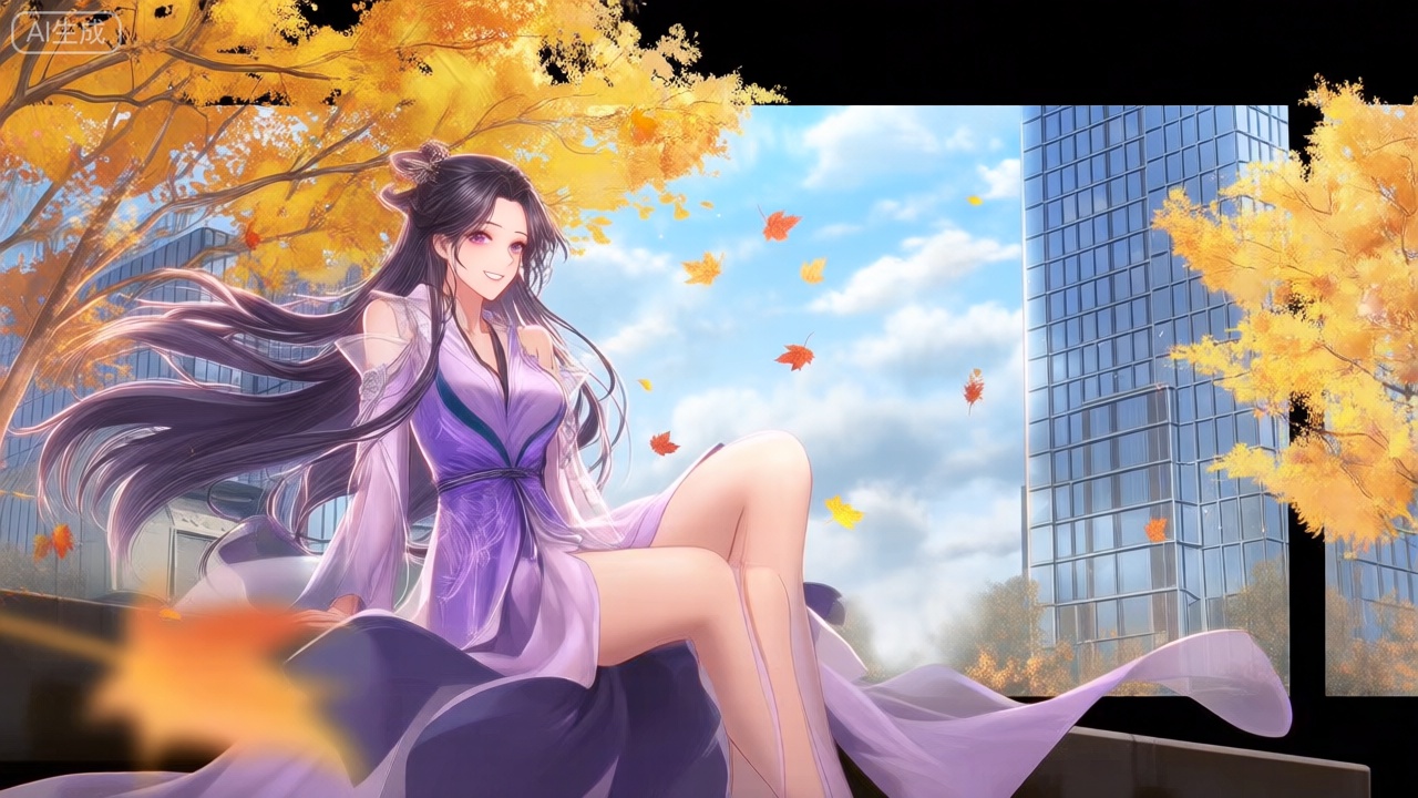 第一类裸眼3D画面,场景画面左侧展现一个穿着紫色连衣裙的女人,她的环境在秋风落叶下,有黄色的树、有蓝色天空、白云。她的长发随风飘扬,眼睛睁着,微笑。女人侧坐着右侧腿放松。精致的肌肤,正面照明,均匀光线,女人直视观众。背景为坚固的高楼和白色天空,有很多紧闭的玻璃窗户。场景是在背景下设置的。