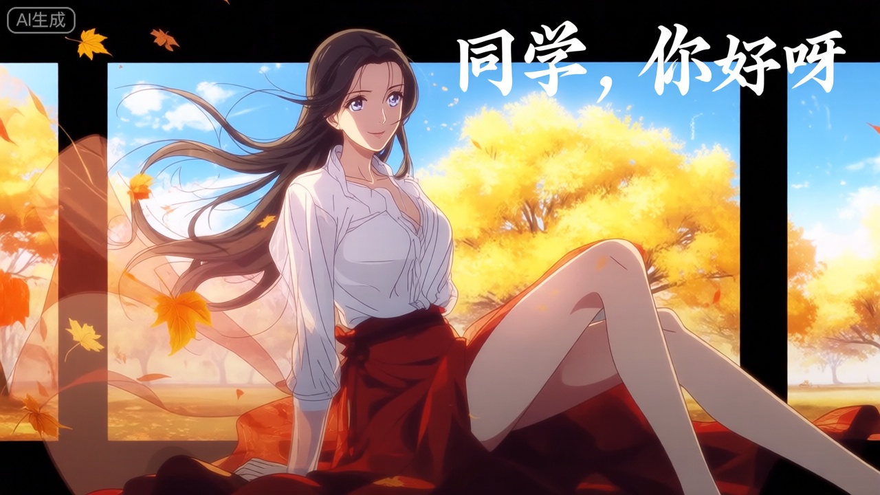 第二类裸眼3D画面,动画风,场景画面左侧展现一个绝美的女人,身穿白色衬衫、红色裙子,她的环境在秋风落叶下,有黄色的树、有蓝色天空、白云。她的长发随风飘扬、眼睛睁着、微笑,右上侧符合画面风格字体显示“同学,你好呀”一词。女人侧坐着右侧腿放松。精致的肌肤,正面照明,均匀光线,女人直视观众。场景外是玻璃墙。