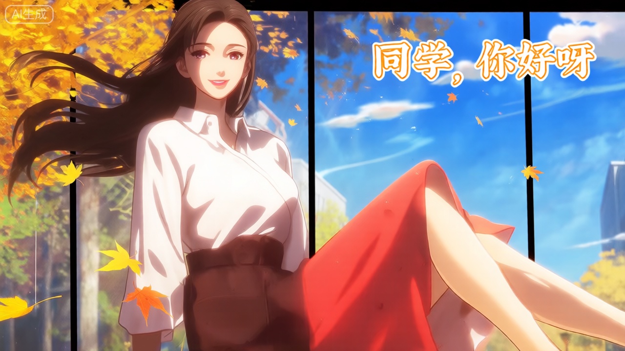 裸眼3D画面,动画风,画面左侧是一位绝美女性的形象,她身穿白色衬衫、红色裙子；所处环境为秋风落叶的场景,周边有黄色树木、蓝色天空与白云；该女性的长发随风飘扬,眼睛睁开、面带微笑且直视观众；以侧坐姿态呈现,右侧腿部放松；拥有精致的肌肤,采用正面照明方式,光线均匀,女人直视观众；画面右上侧用符合整体风格的字体显示‘同学,你好呀’；场景外设有玻璃墙。