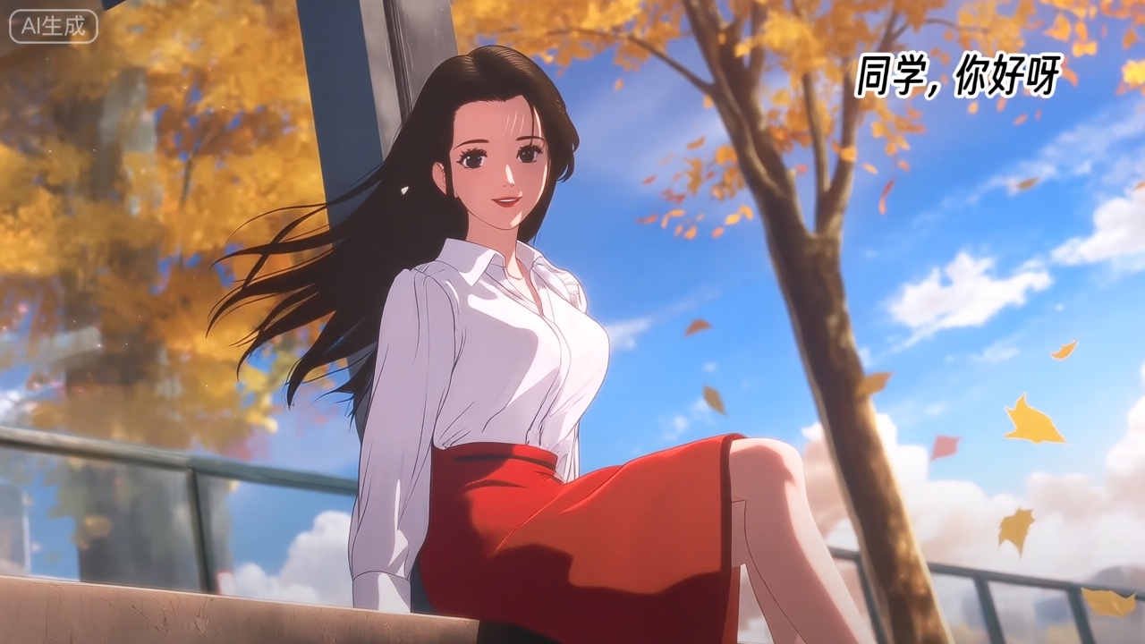 第二类裸眼3D画面,动画,场景画面左侧展现一个绝美的女人,身穿白色衬衫、红色裙子,她的环境在秋风落叶下,有黄色的树、有蓝色天空、白云。她的长发随风飘扬、眼睛睁着、微笑,右上侧符合画面风格字体显示“同学,你好呀”一词。女人侧坐着右侧腿放松。精致的肌肤,正面照明,均匀光线,女人直视观众。场景外是玻璃墙。