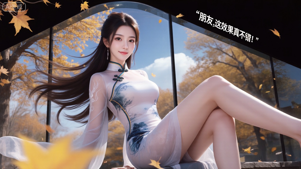 裸眼3D画面,真人风,120度斜角玻璃屏幕,画面左侧是一位绝美仙子,冰肌玉骨,新中式改良雪纺紧身旗袍,旗袍上有青花图案；所处环境为秋风落叶的场景,周边有黄色树木、蓝色天空与白云；该女性的长发随风飘扬,眼睛睁开、面带微笑且直视观众；以侧坐姿态呈现,右侧腿部放松；拥有精致的肌肤,采用正面照明方式,光线均匀,女人直视观众；画面右上侧用符合整体风格的字体显示‘’朋友,这效果真不错！‘’一词；场景外设有玻璃墙。