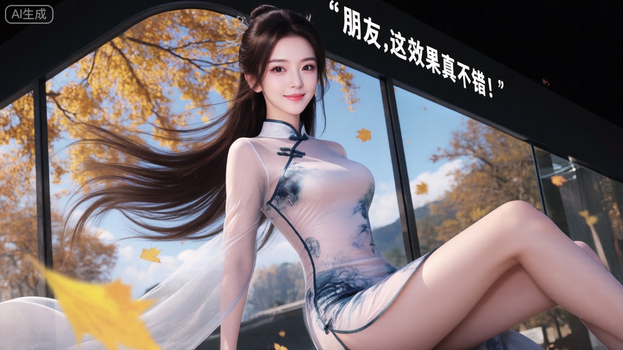 裸眼3D画面,真人风,120度斜角玻璃屏幕,画面左侧是一位绝美仙子,冰肌玉骨,新中式改良雪纺紧身旗袍,旗袍上有青花图案；所处环境为秋风落叶的场景,周边有黄色树木、蓝色天空与白云；该女性的长发随风飘扬,眼睛睁开、面带微笑且直视观众；以侧坐姿态呈现,右侧腿部放松；拥有精致的肌肤,采用正面照明方式,光线均匀,女人直视观众；画面右上侧用符合整体风格的字体显示‘’朋友,这效果真不错！‘’一词；场景外设有玻璃墙。