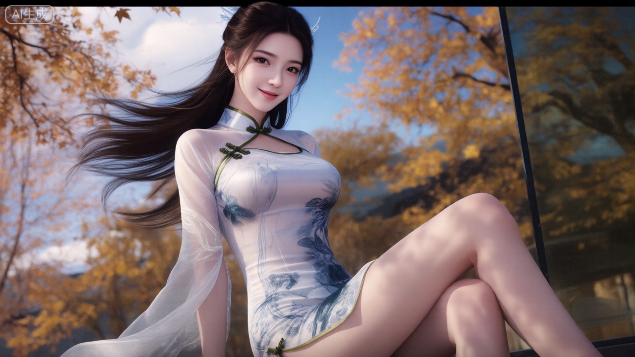 第一类裸眼3D画面,真人风格,场景画面左侧展现一个绝美仙子,冰肌玉骨,新中式改良雪纺紧身旗袍,旗袍上有青花图案,她的环境在秋风落叶下,有黄色的树、有蓝色天空、白云。她的长发随风飘扬、眼睛睁着、微笑。女人侧坐着右侧腿放松。精致的肌肤,正面照明,均匀光线,女人直视观众。场景外上面是白色天空下面是玻璃墙。场景是在背景下。