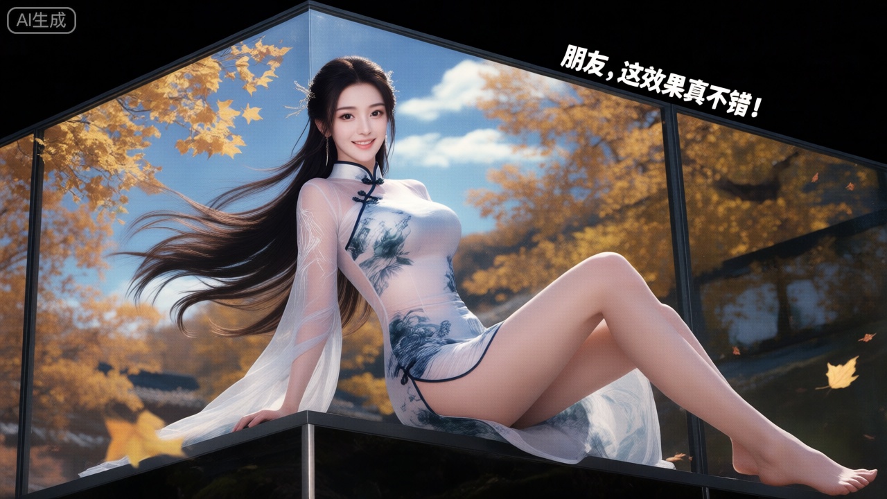 裸眼3D画面,真人风,120度斜角玻璃屏幕,画面左侧是一位绝美仙子,冰肌玉骨,新中式改良雪纺紧身旗袍,旗袍上有青花图案；所处环境为秋风落叶的场景,周边有黄色树木、蓝色天空与白云；该女性的长发随风飘扬,眼睛睁开、面带微笑且直视观众；以侧坐姿态呈现,右侧腿部放松；拥有精致的肌肤,采用正面照明方式,光线均匀,女人直视观众；画面右上侧用符合整体风格的字体显示‘’朋友,这效果真不错！‘’一词；场景外设有玻璃墙。