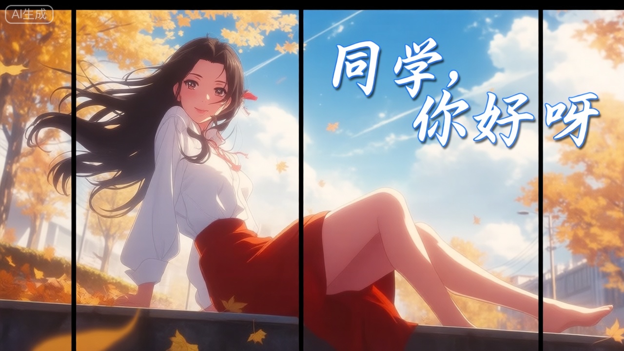 裸眼3D画面,动画风,画面左侧是一位绝美女性的形象,她身穿白色衬衫、红色裙子；所处环境为秋风落叶的场景,周边有黄色树木、蓝色天空与白云；该女性的长发随风飘扬,眼睛睁开、面带微笑且直视观众；以侧坐姿态呈现,右侧腿部放松；拥有精致的肌肤,采用正面照明方式,光线均匀,女人直视观众；画面右上侧用符合整体风格的字体显示‘同学,你好呀’；场景外设有玻璃墙。