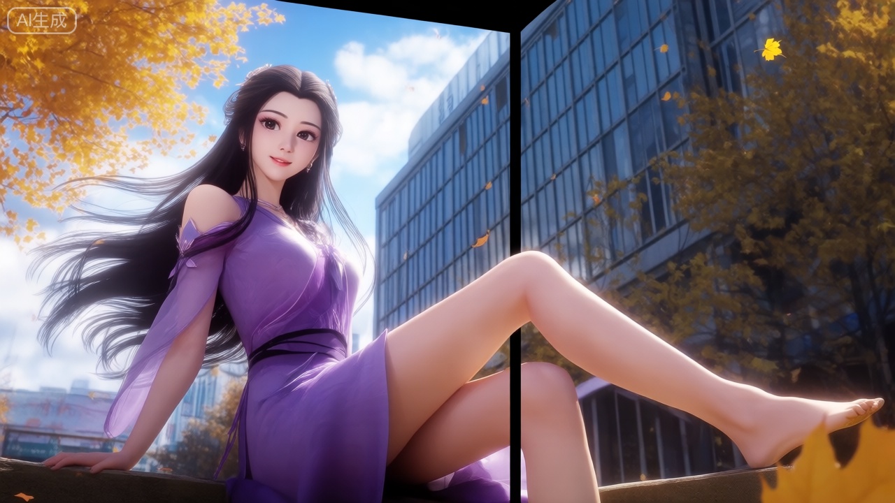 第一类裸眼3D画面,3D渲染,场景画面左侧展现一个穿着紫色连衣裙的女人,她的环境在秋风落叶下,有黄色的树、有蓝色天空、白云。她的长发随风飘扬、眼睛睁着、微笑。女人侧坐着右侧腿放松。精致的肌肤,正面照明,均匀光线,女人直视观众。背景为坚固的高楼和白色天空,有很多紧闭的玻璃窗户。场景是在背景下设置的。