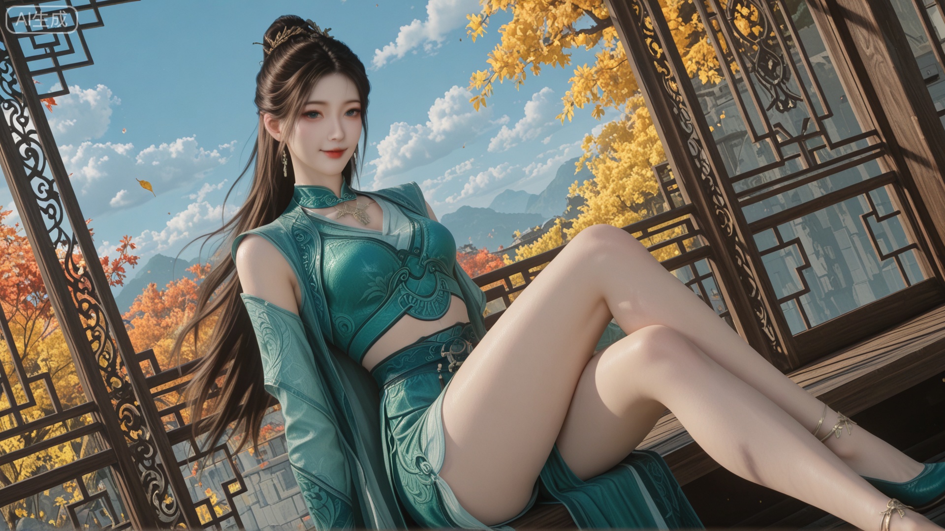 class 1 Glasses-Free 3D,Glasses-Free 3D,MPL clothes,120 degree angled glass screen,1girl, fairy, chinese_style, pale_skin, long_hair, smiling, looking_at_viewer, exquisite_skin, side_sitting, legs_apart, right_leg_bent, cheongsam, modified_qipao, chiffon_fabric, tight_dress, blue_and_white, floral_pattern, sleeveless, high_collar, autumn, falling_leaves, yellow_trees, blue_sky, white_clouds, wind_effect, glass_wall, outdoor, front_lighting, even_light, dynamic_angle, floating_hair, direct_gaze