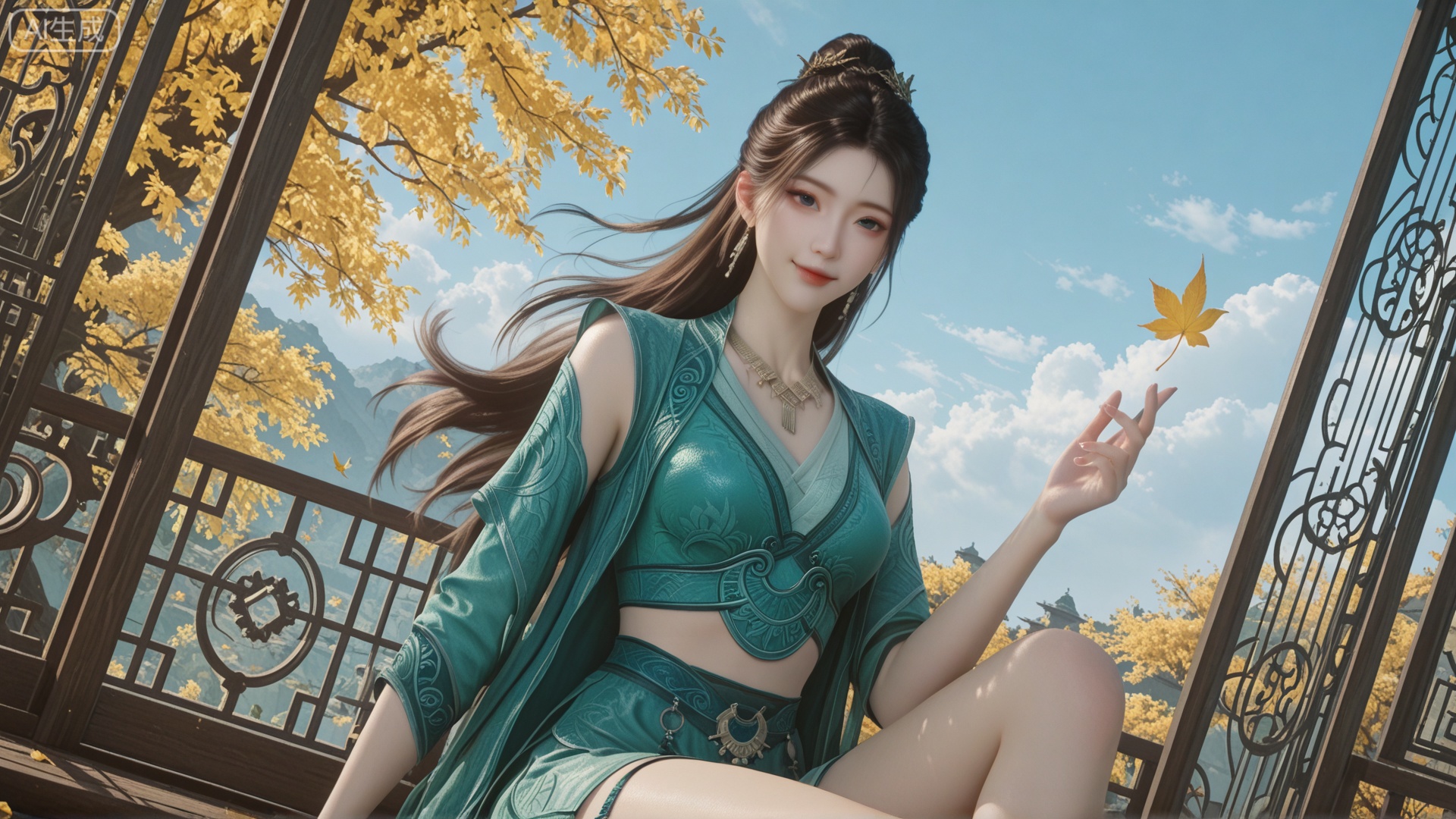 class 1 Glasses-Free 3D,Glasses-Free 3D,MPL clothes,120 degree angled glass screen,1girl, fairy, chinese_style, pale_skin, long_hair, smiling, looking_at_viewer, exquisite_skin, side_sitting, legs_apart, right_leg_bent, cheongsam, modified_qipao, chiffon_fabric, tight_dress, blue_and_white, floral_pattern, sleeveless, high_collar, autumn, falling_leaves, yellow_trees, blue_sky, white_clouds, wind_effect, glass_wall, outdoor, front_lighting, even_light, dynamic_angle, floating_hair, direct_gaze