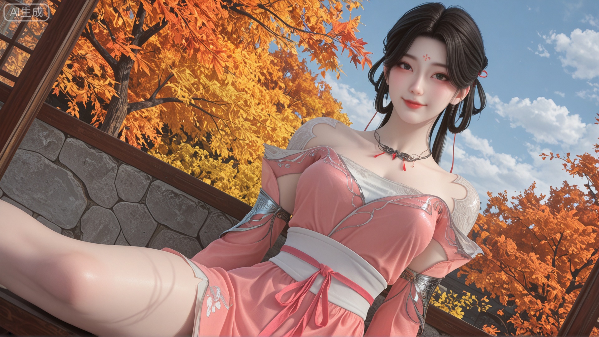 class 1 Glasses-Free 3D,Glasses-Free 3D,xy clothes,120 degree angled glass screen,1girl, fairy, chinese_style, pale_skin, long_hair, smiling, looking_at_viewer, exquisite_skin, side_sitting, legs_apart, right_leg_bent, cheongsam, modified_qipao, chiffon_fabric, tight_dress, blue_and_white, floral_pattern, sleeveless, high_collar, autumn, falling_leaves, yellow_trees, blue_sky, white_clouds, wind_effect, glass_wall, outdoor, front_lighting, even_light, dynamic_angle, floating_hair, direct_gaze