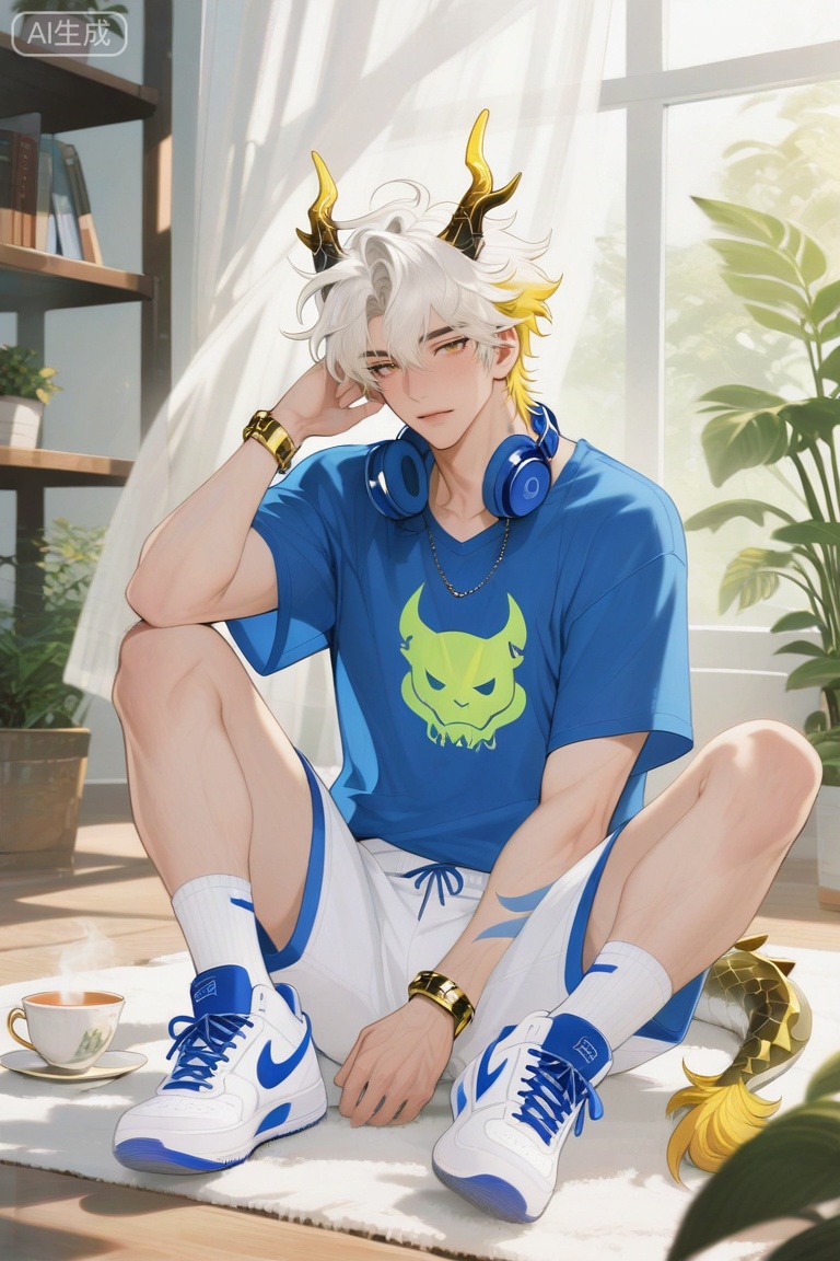 ,xiao zhi tiao,(artist:mazjojo:0.77), (artist:pigeon666:0.70), (artist:zawar379:0.83), (artist:remsrar:0.65), (artist:chimmyming:0.72),masterpiece,best quality,male focus,hd,4kamazing quality,very aesthetic,bust,high resolution,ultra-detailed,perfect lighting,volumetric lighting,,xiaozhitiao,yu xuan,multicolored hair,White dragon tail,White dragon horns,sneakers,white shorts,headphones,tattoo,yellow eyes,white hair,1boy,blonde hair,bangs,white **** top,

(jungle_treehouse:1.3), green_yellow_color_scheme, soft_light, warm_glow,
detailed_interior, natural_lighting, soft_shadows,

bookshelf, sofa, computer, teacup, sitting_on_carpet, gazing_at_scenery,
scattered_toys, white_shorts, blue_top,

[Scene Details]
wood_grain_detail, leaf_pattern_wallpaper, woven_carpet, potted_fern,
jungle_plant_texture, sunlight_filtering_through_leaves,

[Character Features]
casual_posture, relaxed_expression, messy_hair, slightly_blushed_cheeks,
natural_skin_texture, defined_forearms,

[Lighting & Textures]
golden_hue, diffused_sunlight, warm_shadow_on_floor,
matte_fabric_detail, polished_wood_furniture, soft_tea_steam,

[Art Style]
realistic_detail:1.2, hyperrealistic_rendering, dynamic_composition,
intimate_atmosphere, soft_background_blur,
