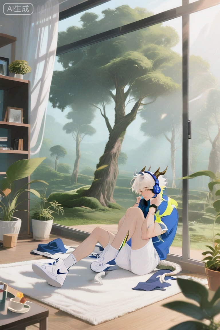 ,xiao zhi tiao,(artist:mazjojo:0.77), (artist:pigeon666:0.70), (artist:zawar379:0.83), (artist:remsrar:0.65), (artist:chimmyming:0.72),masterpiece,best quality,male focus,hd,4kamazing quality,very aesthetic,bust,high resolution,ultra-detailed,perfect lighting,volumetric lighting,,xiaozhitiao,yu xuan,multicolored hair,White dragon tail,White dragon horns,sneakers,white shorts,headphones,tattoo,yellow eyes,white hair,1boy,blonde hair,bangs,white **** top,

(jungle_treehouse:1.3), green_yellow_color_scheme, soft_light, warm_glow,
detailed_interior, natural_lighting, soft_shadows,

bookshelf, sofa, computer, teacup, sitting_on_carpet, gazing_at_scenery,
scattered_toys, white_shorts, blue_top,

[Scene Details]
wood_grain_detail, leaf_pattern_wallpaper, woven_carpet, potted_fern,
jungle_plant_texture, sunlight_filtering_through_leaves,

[Character Features]
casual_posture, relaxed_expression, messy_hair, slightly_blushed_cheeks,
natural_skin_texture, defined_forearms,

[Lighting & Textures]
golden_hue, diffused_sunlight, warm_shadow_on_floor,
matte_fabric_detail, polished_wood_furniture, soft_tea_steam,

[Art Style]
realistic_detail:1.2, hyperrealistic_rendering, dynamic_composition,
intimate_atmosphere, soft_background_blur,
