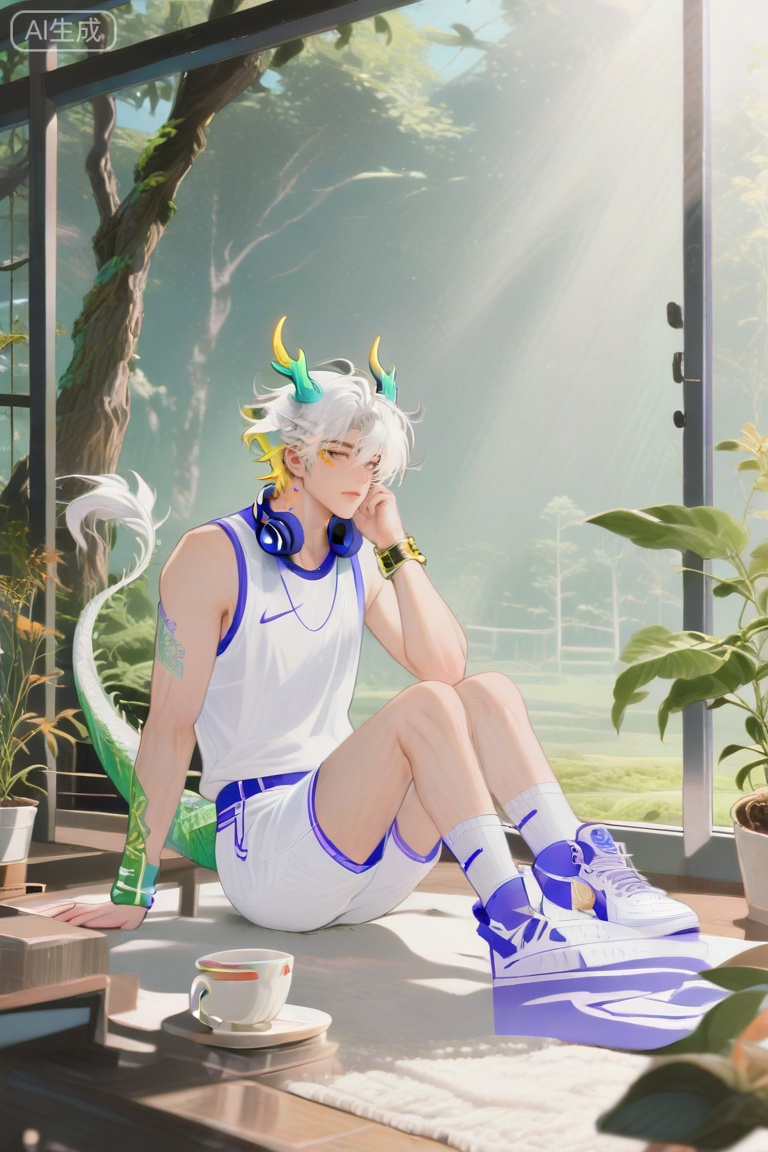 ,xiao zhi tiao,(artist:mazjojo:0.77), (artist:pigeon666:0.70), (artist:zawar379:0.83), (artist:remsrar:0.65), (artist:chimmyming:0.72),masterpiece,best quality,male focus,hd,4kamazing quality,very aesthetic,bust,high resolution,ultra-detailed,perfect lighting,volumetric lighting,,xiaozhitiao,yu xuan,multicolored hair,White dragon tail,White dragon horns,sneakers,white shorts,headphones,tattoo,yellow eyes,white hair,1boy,blonde hair,bangs,white **** top,

(jungle_treehouse:1.3), green_yellow_color_scheme, soft_light, warm_glow,
detailed_interior, natural_lighting, soft_shadows,

bookshelf, sofa, computer, teacup, sitting_on_carpet, gazing_at_scenery,
scattered_toys, white_shorts, blue_top,

[Scene Details]
wood_grain_detail, leaf_pattern_wallpaper, woven_carpet, potted_fern,
jungle_plant_texture, sunlight_filtering_through_leaves,

[Character Features]
casual_posture, relaxed_expression, messy_hair, slightly_blushed_cheeks,
natural_skin_texture, defined_forearms,

[Lighting & Textures]
golden_hue, diffused_sunlight, warm_shadow_on_floor,
matte_fabric_detail, polished_wood_furniture, soft_tea_steam,

[Art Style]
realistic_detail:1.2, hyperrealistic_rendering, dynamic_composition,
intimate_atmosphere, soft_background_blur,
