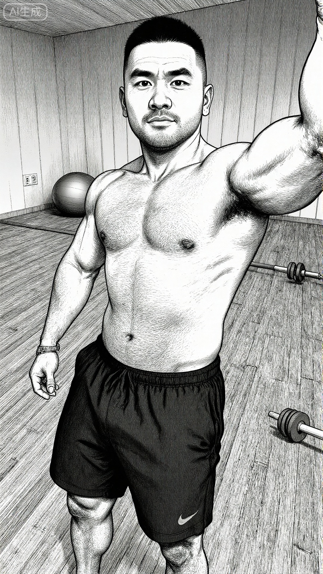 The image depicts a highly detailed black-and-white illustration of a shirtless man standing in a gym. He has a muscular build

with well-defined muscles on his chest and arms. His left arm is raised

and he appears to be taking a selfie. On the floor

there is a large exercise ball and a pair of dumbbells. The gym has wooden flooring

and the walls are plain with a visible electrical outlet. The overall style is realistic

with fine lines and shading to create depth and texture.

