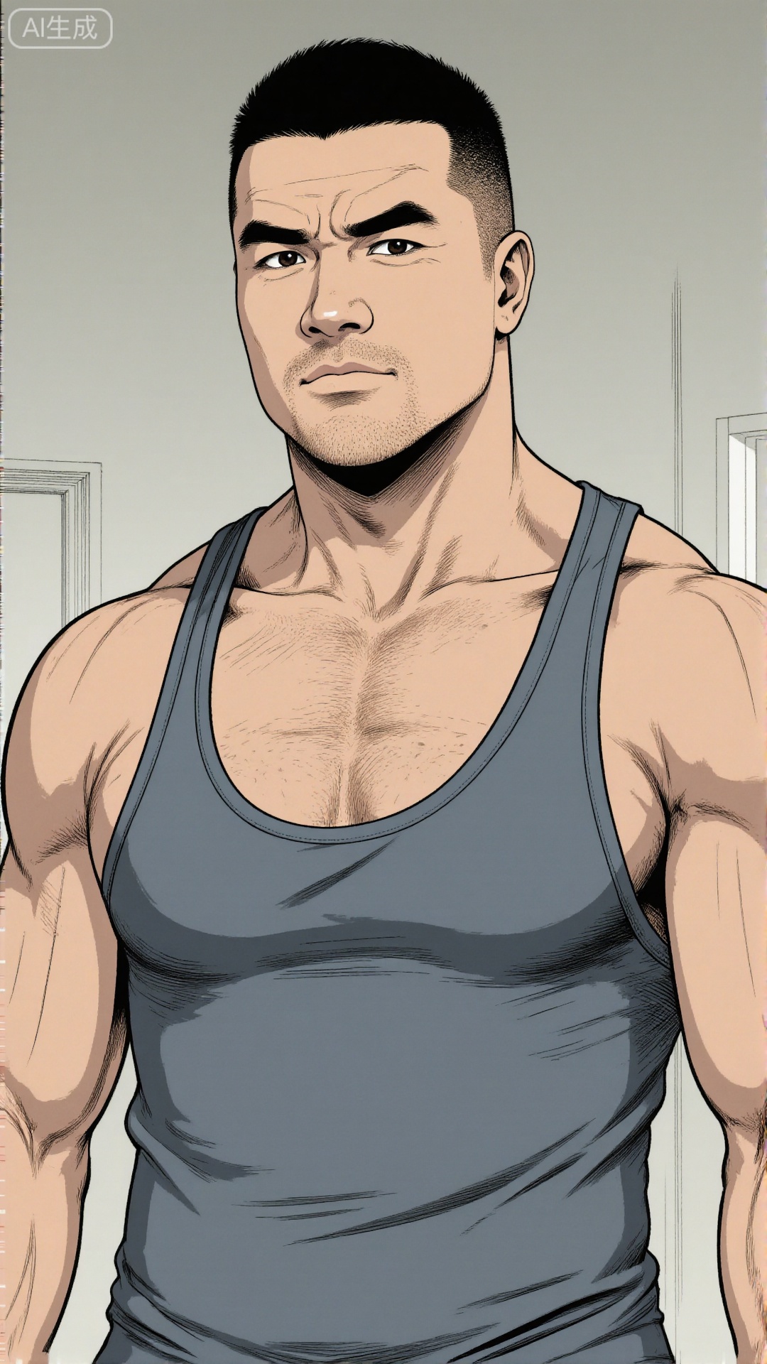 The image depicts a muscular man wearing a sleeveless **** top, standing confidently with his arms slightly bent. The background consists of a plain, light-colored wall with some faint vertical lines, possibly indicating a window or a door frame. The man's expression is serious and focused, with a well-defined jawline and short, styled hair. The image is rendered in a manga or comic book style, characterized by detailed line work and shading to emphasize the muscular physique.