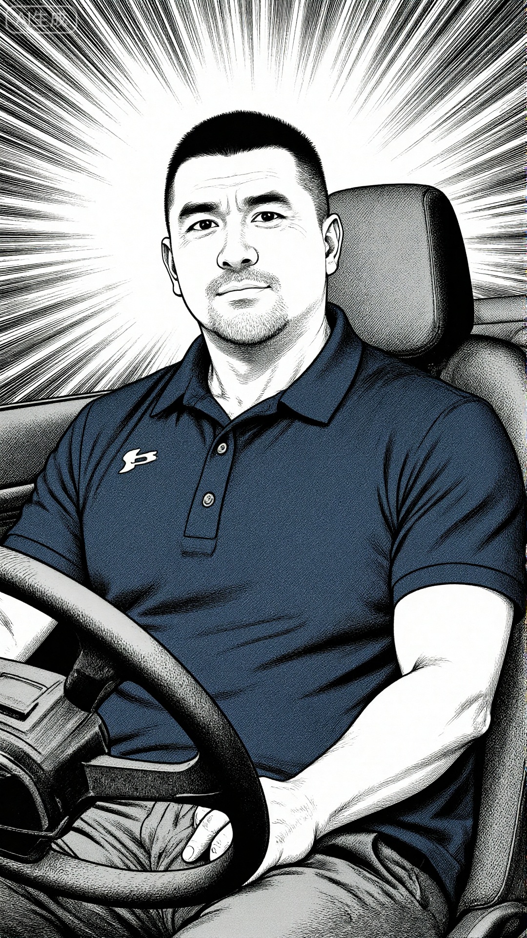 The image depicts a man sitting in the driver's seat of a car

holding the steering wheel. He is wearing a dark polo shirt with a visible logo on the left side of his chest. The background features a dynamic

radiating pattern that suggests movement or energy

likely meant to convey speed or excitement. The man's expression appears focused and confident.

