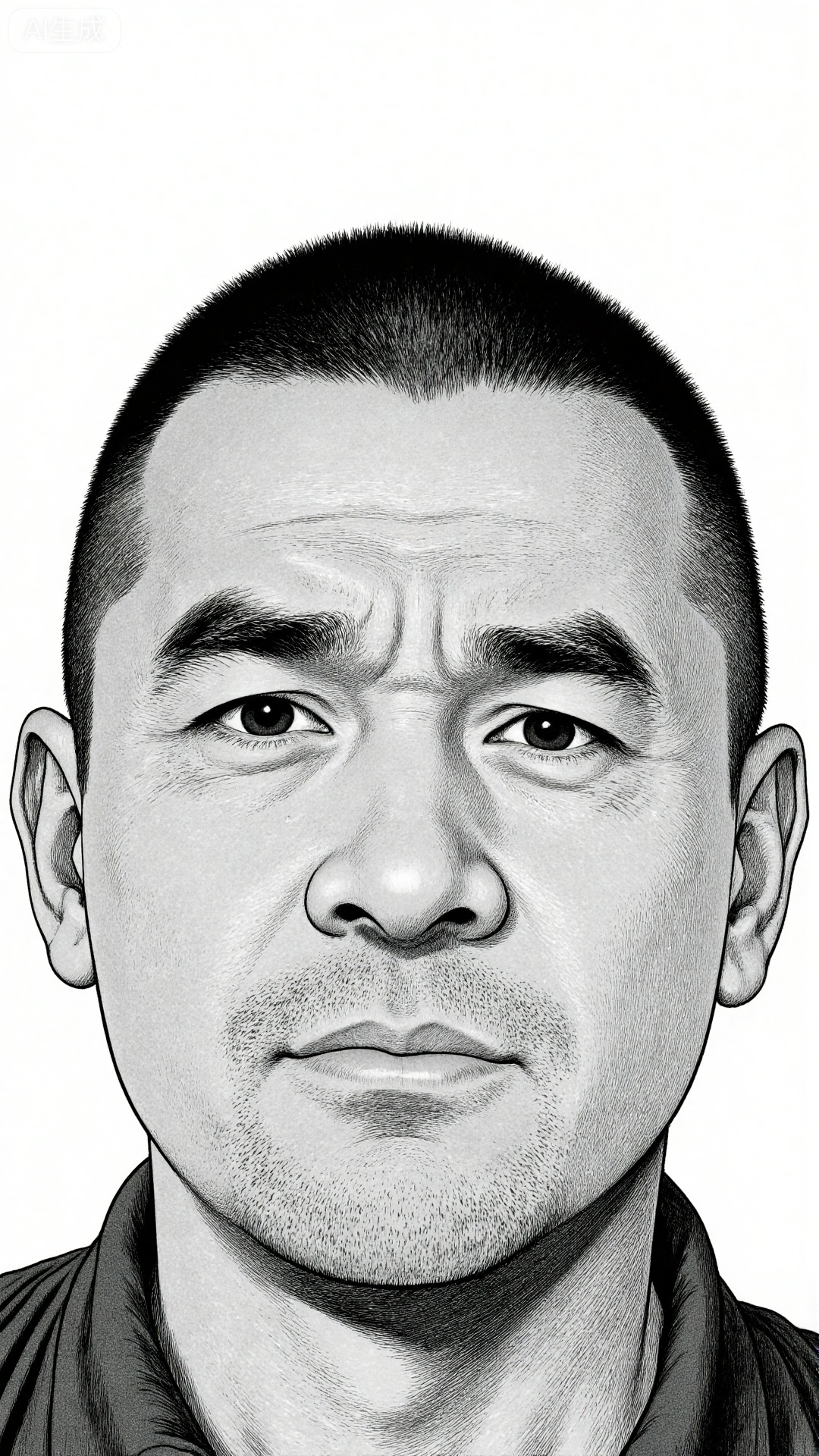The image depicts a man with a short

neatly trimmed hairstyle and a well-defined jawline. He has a neutral expression

with his eyes slightly narrowed and eyebrows slightly furrowed. The man is wearing a dark-colored shirt

and the background is plain white

drawing attention to his facial features and expression.

