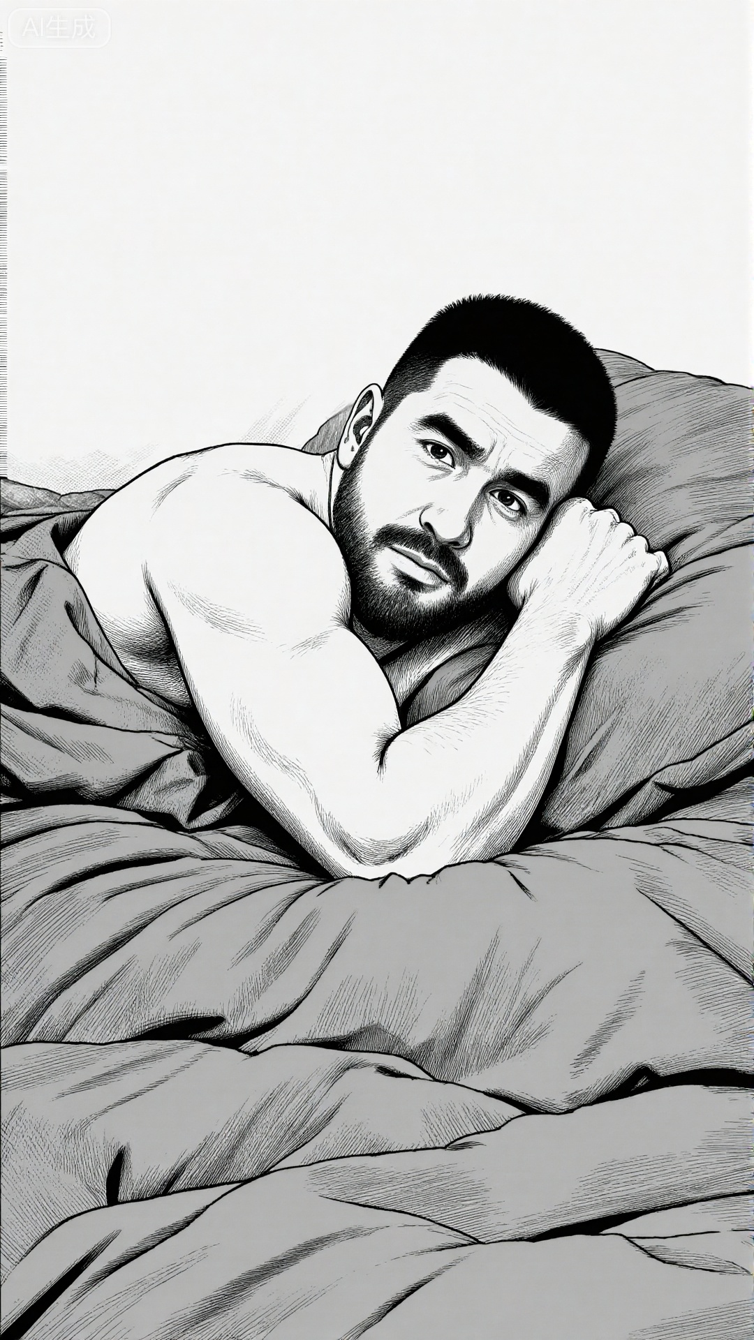 The image depicts a man lying on a bed,partially covered by a blanket. He has short,
dark hair and a neatly trimmed beard. 
His expression appears contemplative with his head resting on his left arm which is bent at the elbow. 
The man's body is partially visible showing a muscular build. 
The background is plain with no additional objects or details. The image is in black and white with fine lines used to create shading and texture.


