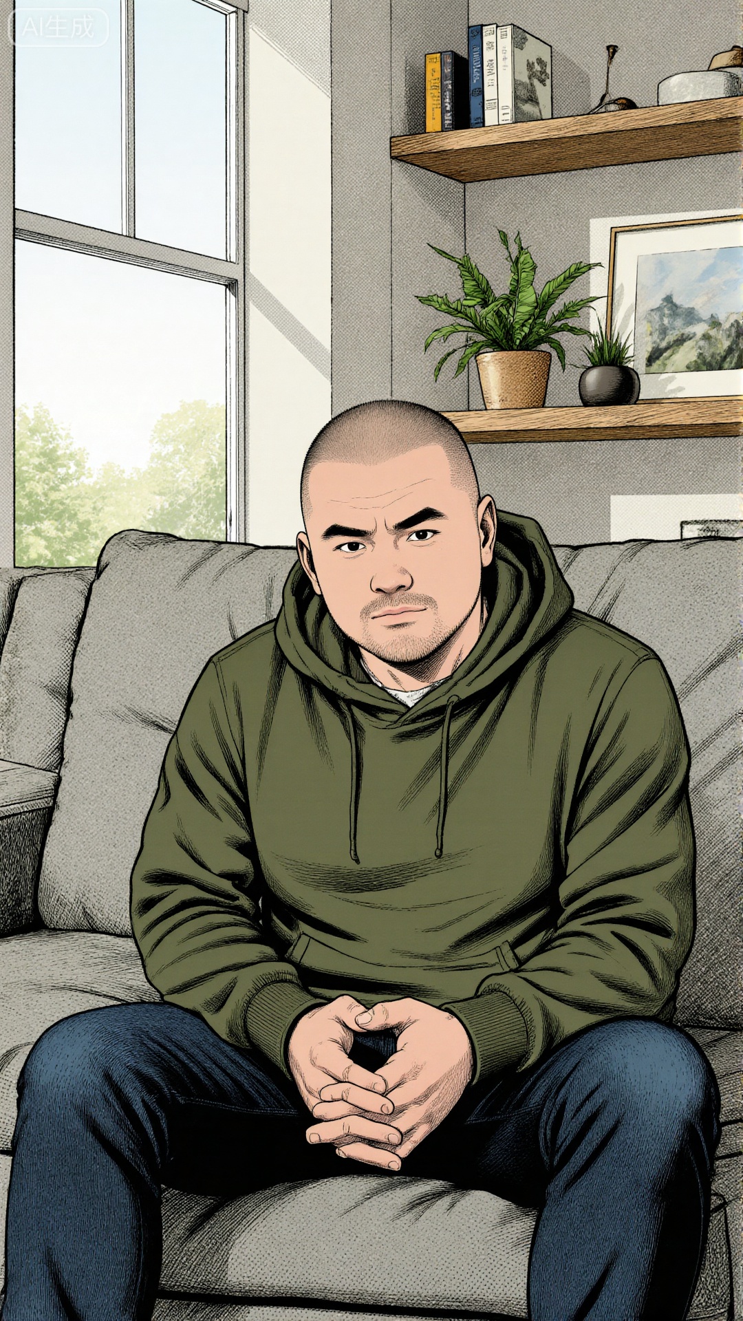 a manga or comic book style,A man with a buzz cut, wearing an olive green hooded sweatshirt and dark blue jeans, sitting on a light gray sofa, holding his hands on his knees, with wooden shelves with books, green plants and decorative paintings on the background. The indoor sunlight shines through the large windows, and the atmosphere is quiet and full of home.