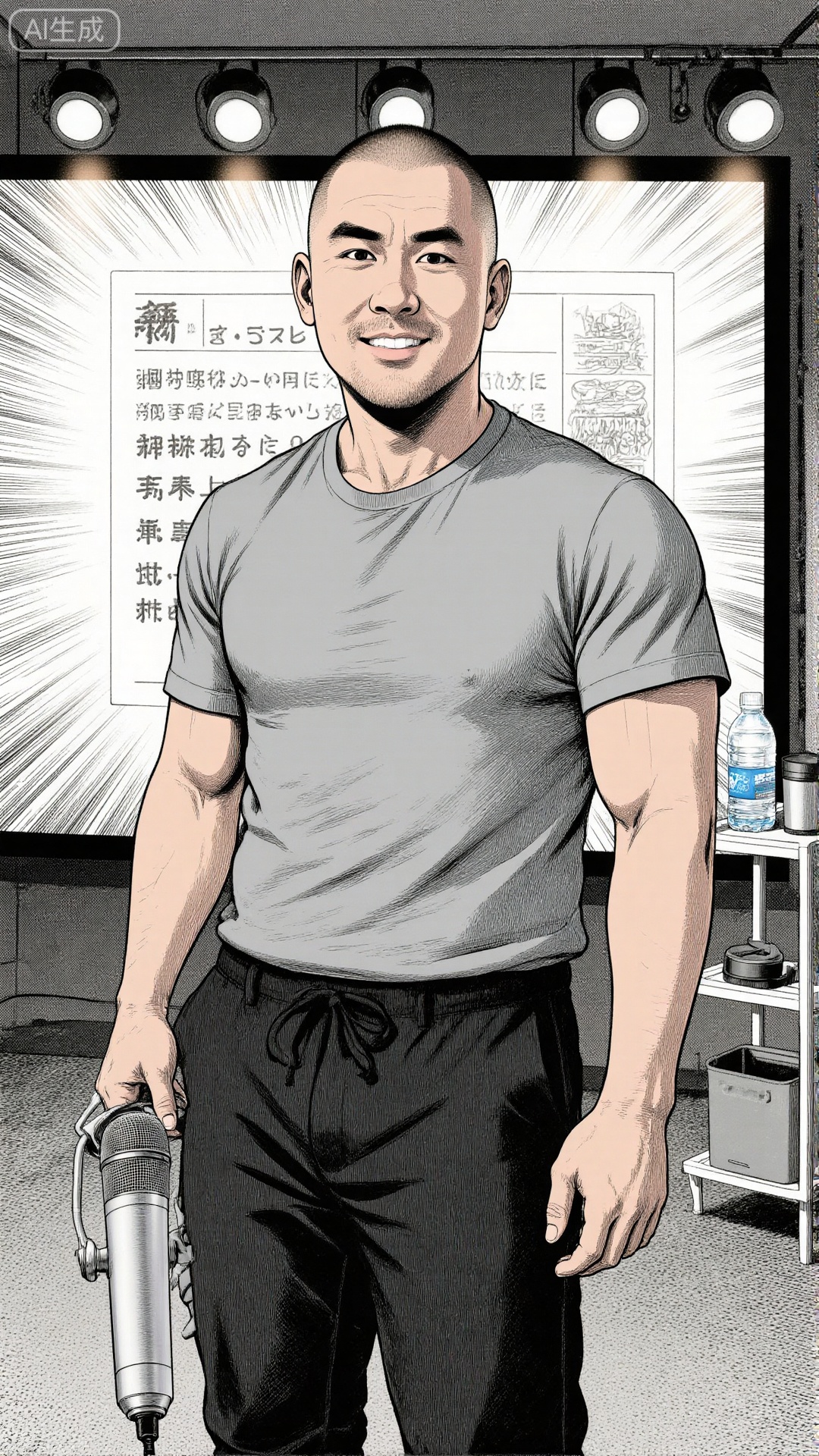 a manga or comic book style,A man with a buzz cut was wearing light gray cotton short-sleeved shirts and black tying casual pants, standing upright at the camera. He was strong, with neat shoulders and back lines. His left hand was naturally hanging on his side, and his right hand was holding a silver microphone, which was gently hanging down his forearm. The background is a simple modern live broadcast room: behind him is a spliced ​​electronic screen, with real-time barrage scrolling, and the edge of the screen is dotted with several ring fill lights. The warm white light hits him evenly, making the skin texture clear; under his feet is a light gray carpet, and a white storage rack stands next to it, with a bottle of mineral water and a black thermos cup on it, with no extra decoration and a clean and neat atmosphere. His eyes were bright and vivid when he looked straight into the camera, and there was a natural smile on the corner of his mouth. He was neither deliberately alienated nor overly warm. He seemed to be chatting with a familiar person easily, and his whole body exuded a relaxed vitality.