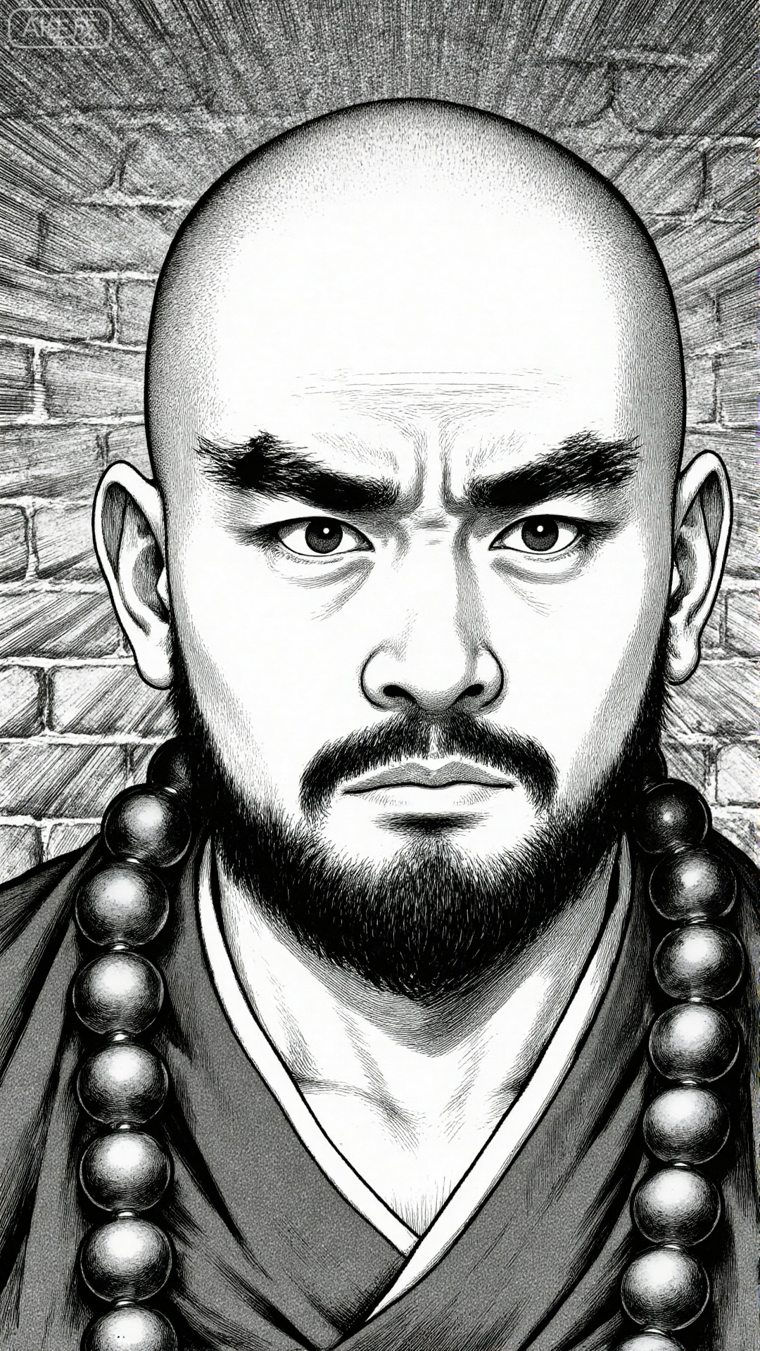The image depicts a person with a bald head and a neatly trimmed beard

wearing a traditional outfit. The individual is adorned with a string of large

round beads

possibly indicative of a cultural or religious significance. The background consists of a brick wall with visible mortar lines

suggesting an urban or historical setting. The person's expression appears serious and contemplative

with their eyes looking slightly upward. The overall style of the image is reminiscent of a manga or comic book illustration

characterized by detailed line work and shading.

