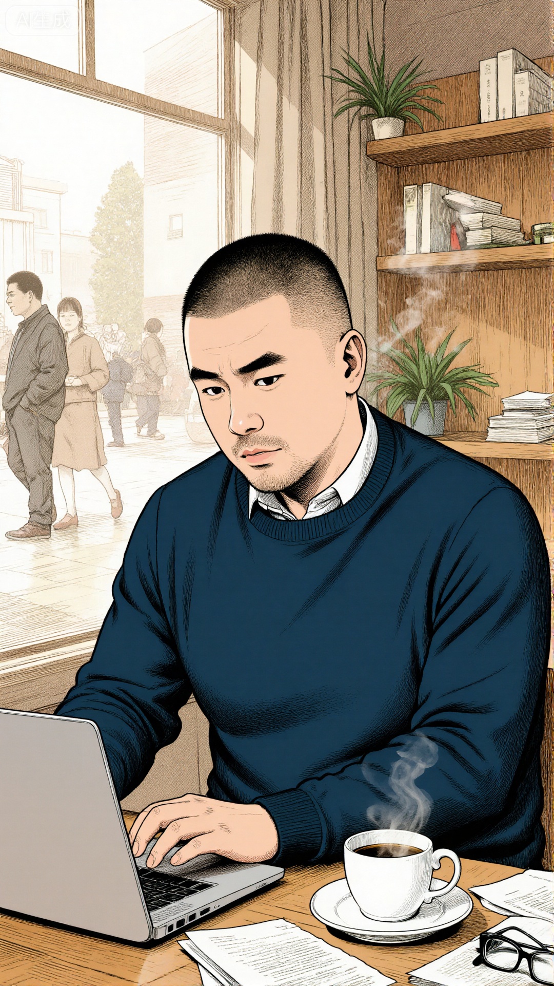 a manga or comic book style,A man with a buzz cut, wearing a dark blue sweater, was sitting in a sunny cafe focusing on using a silver laptop. At his hand, a white coffee cup (with a cup and a saucer, steaming), a pair of glasses, and a few papers were placed casually; in the background, wooden bookshelf with books and green plants stood quietly, and other customers were moving in the distance, warm light fell on the table through the large windows, and the whole scene was filled with a focused and comfortable life atmosphere.