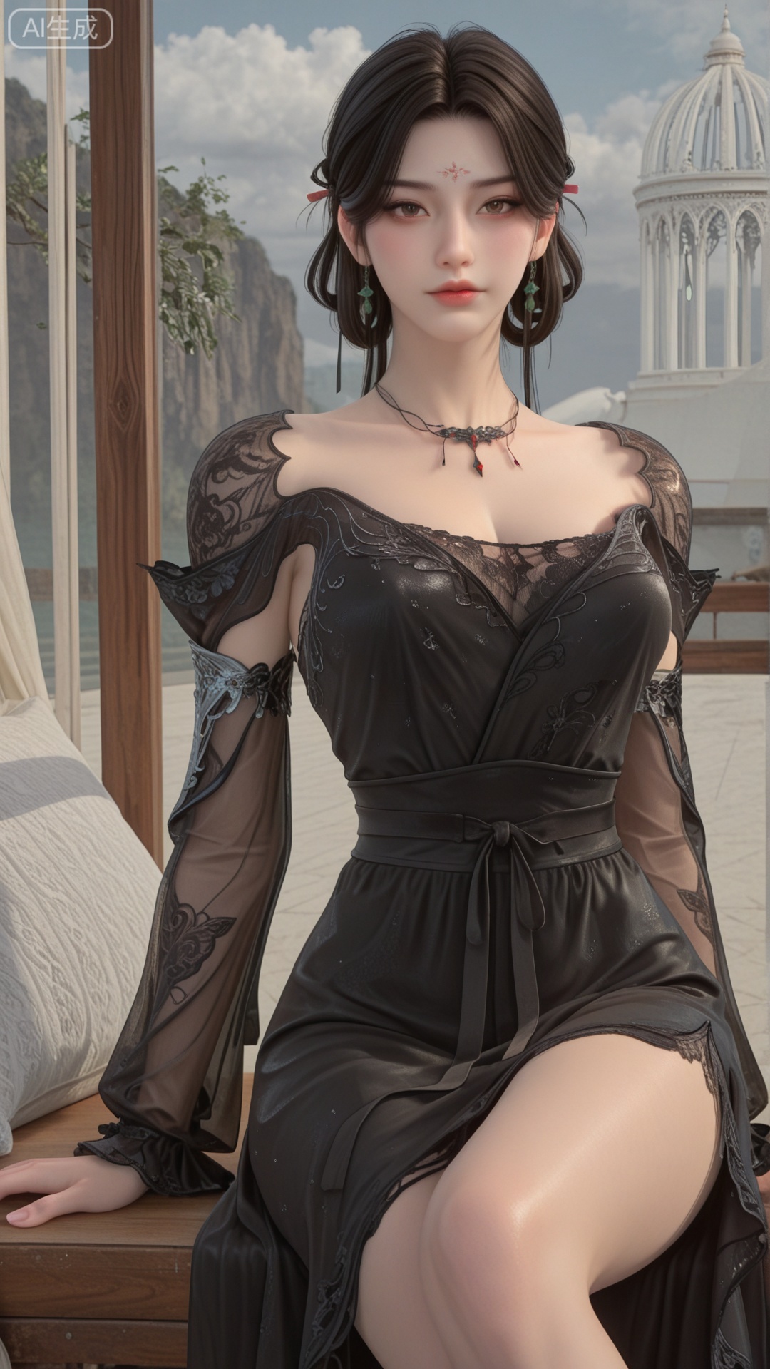 1girl,jewelry,earrings,necklace,black lace dress, side_sitting, legs, Glasses-Free 3D, class 2 Glasses-Free 3D, looking at viewer, exquisite_skin, even illumination, very awa, Solid Glossy and cloud background,