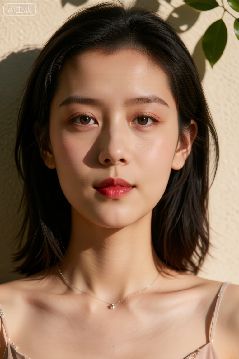 人像摄影,正面视角,年轻女性,黑色中长发（发丝带自然动态飘逸感）,清透淡妆（光泽感底妆+ 透亮红唇）,佩戴简约项链,露出肩颈线条,背景为带绿叶投影的暖米色墙面,午后柔暖侧光勾勒脸部轮廓与肩颈层次,氛围清新治愈,皮肤质感细腻如陶瓷；相机参数：佳能EOS R6,85mm f/1.4 镜头,光圈f/2.2,ISO 100,快门1/160s。

