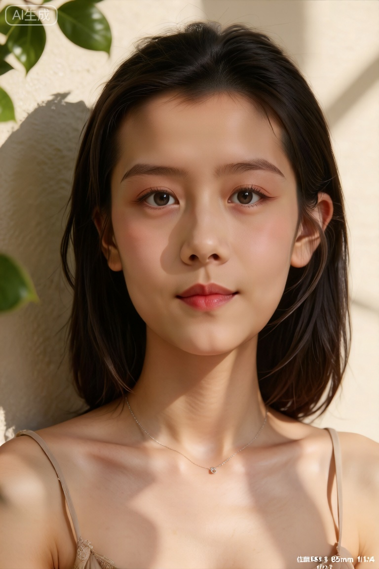 人像摄影,正面视角,年轻女性,黑色中长发（发丝带自然动态飘逸感）,清透淡妆（光泽感底妆+ 透亮红唇）,佩戴简约项链,露出肩颈线条,背景为带绿叶投影的暖米色墙面,午后柔暖侧光勾勒脸部轮廓与肩颈层次,氛围清新治愈,皮肤质感细腻如陶瓷；相机参数：佳能EOS R6,85mm f/1.4 镜头,光圈f/2.2,ISO 100,快门1/160s。

