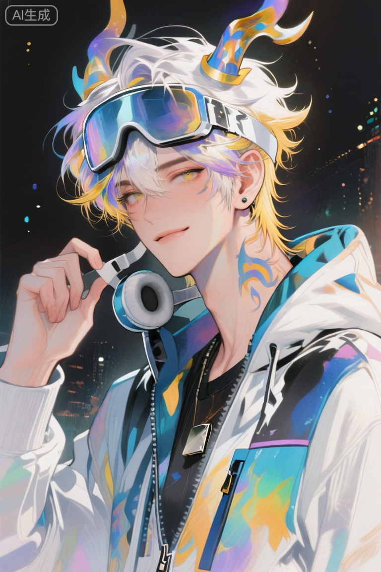 ,xiao zhi tiao,(artist:mazjojo:0.77), (artist:pigeon666:0.70), (artist:zawar379:0.83), (artist:remsrar:0.65), (artist:chimmyming:0.72),masterpiece,best quality,male focus,hd,4kamazing quality,very aesthetic,bust,high resolution,ultra-detailed,perfect lighting,volumetric lighting,,xiaozhitiao,yu xuan,multicolored hair,White dragon tail,White dragon horns,sneakers,white shorts,headphones,tattoo,yellow eyes,white hair,1boy,blonde hair,bangs,white **** top,

masterpiece, best quality, highres, goldenfieldszho, very awa, newest, absurdres, perfect lighting, , nsfw, yaoi, , male, masculine, (athletic, muscular),((flat color)),((flat color)),,

 BREAK,,(1boy,male focus,solo,goggles,goggles on head,looking at viewer,jewelry,smile,jacket,short hair,multicolored clothes,earrings,upper body,zipper,white hair,long sleeves,hand up,closed mouth,hair between eyes,stud earrings,necklace,hood,multicolored jacket,black shirt,black background)

BREAK,,danmei,rainbow,xiaozhitiao,Dog ears,Xiaozhitiao,dianmei
