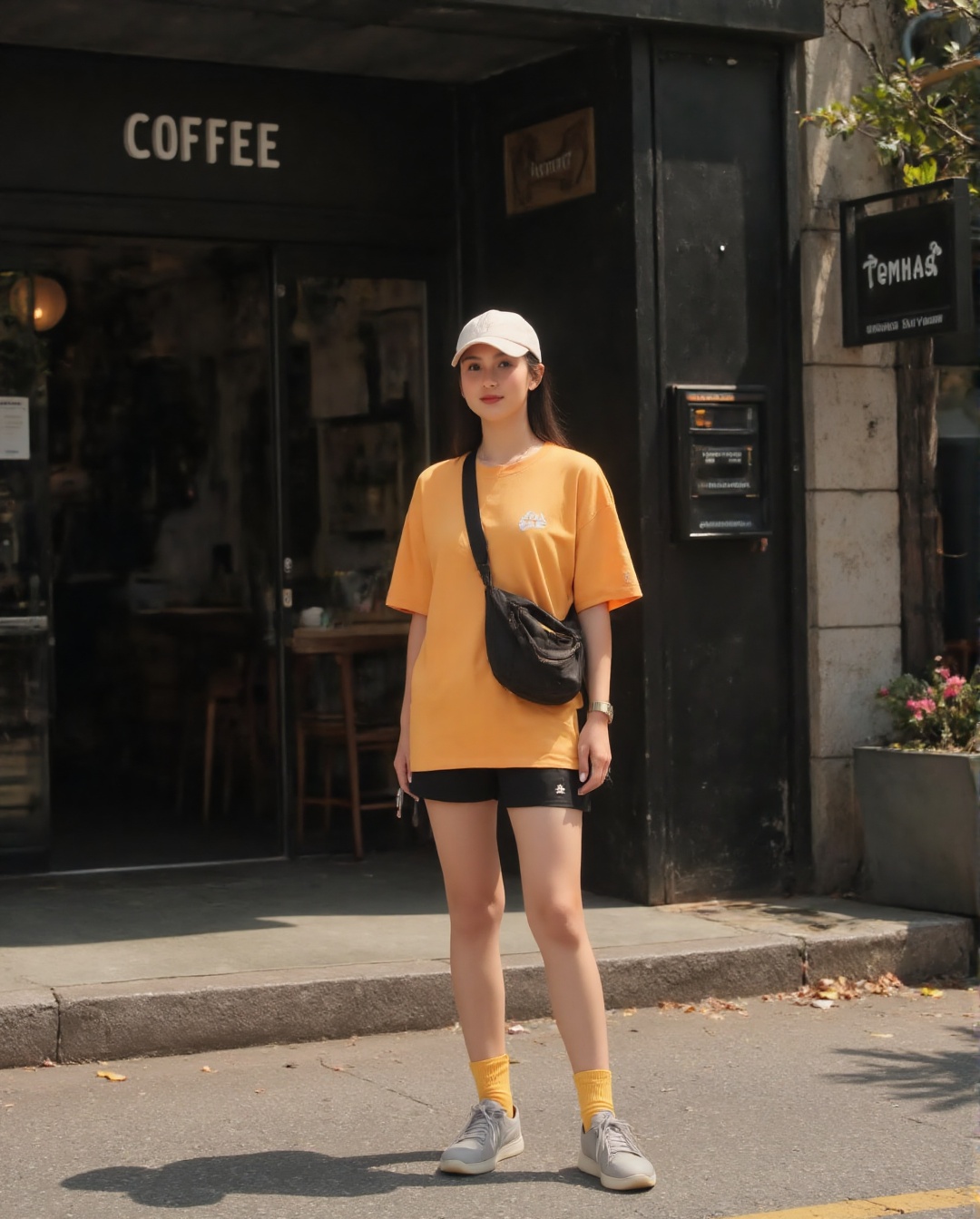 Create a realistic photoshoot scene using a Canon EOS 1D camera and a 50mm Canon RF lens at f/1.4 aperture. Capture a woma...