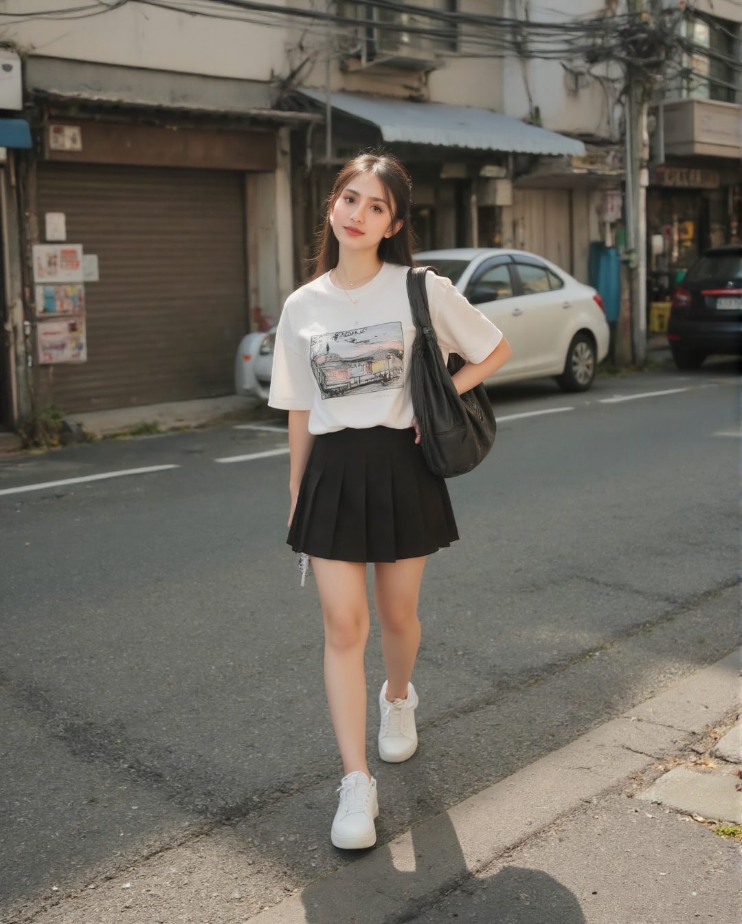 Create a realistic photoshoot for a woman styled in a white short sleeve t-shirt with a black abstract train design at the...