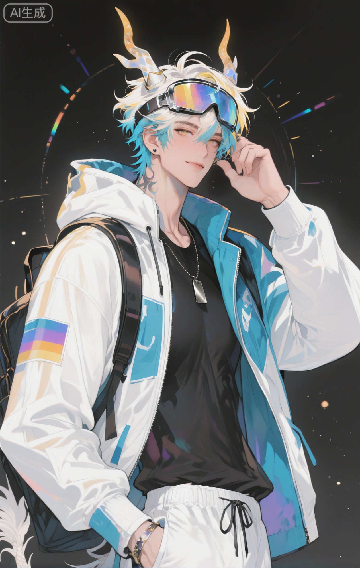 ,xiao zhi tiao,(artist:mazjojo:0.77), (artist:pigeon666:0.70), (artist:zawar379:0.83), (artist:remsrar:0.65), (artist:chimmyming:0.72),masterpiece,best quality,male focus,hd,4kamazing quality,very aesthetic,bust,high resolution,ultra-detailed,perfect lighting,volumetric lighting,,xiaozhitiao,yu xuan,multicolored hair,White dragon tail,White dragon horns,sneakers,white shorts,headphones,tattoo,yellow eyes,white hair,1boy,blonde hair,bangs,white **** top,

masterpiece, best quality, highres, goldenfieldszho, very awa, newest, absurdres, perfect lighting, , nsfw, yaoi, , male, masculine, (athletic, muscular),((flat color)),((flat color)),,

 BREAK,,(1boy,male focus,solo,goggles,goggles on head,looking at viewer,jewelry,smile,jacket,short hair,multicolored clothes,earrings,upper body,zipper,white hair,long sleeves,hand up,closed mouth,hair between eyes,stud earrings,necklace,hood,multicolored jacket,black shirt,black background)

BREAK,,danmei,rainbow,xiaozhitiao,Dog ears,Xiaozhitiao,dianmei