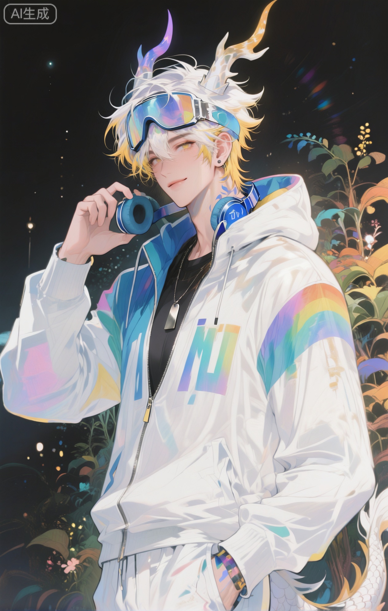 ,xiao zhi tiao,(artist:mazjojo:0.77), (artist:pigeon666:0.70), (artist:zawar379:0.83), (artist:remsrar:0.65), (artist:chimmyming:0.72),masterpiece,best quality,male focus,hd,4kamazing quality,very aesthetic,bust,high resolution,ultra-detailed,perfect lighting,volumetric lighting,,xiaozhitiao,yu xuan,multicolored hair,White dragon tail,White dragon horns,sneakers,white shorts,headphones,tattoo,yellow eyes,white hair,1boy,blonde hair,bangs,white **** top,

masterpiece, best quality, highres, goldenfieldszho, very awa, newest, absurdres, perfect lighting, , nsfw, yaoi, , male, masculine, (athletic, muscular),((flat color)),((flat color)),,

 BREAK,,(1boy,male focus,solo,goggles,goggles on head,looking at viewer,jewelry,smile,jacket,short hair,multicolored clothes,earrings,upper body,zipper,white hair,long sleeves,hand up,closed mouth,hair between eyes,stud earrings,necklace,hood,multicolored jacket,black shirt,black background)

BREAK,,danmei,rainbow,xiaozhitiao,Dog ears,Xiaozhitiao,dianmei