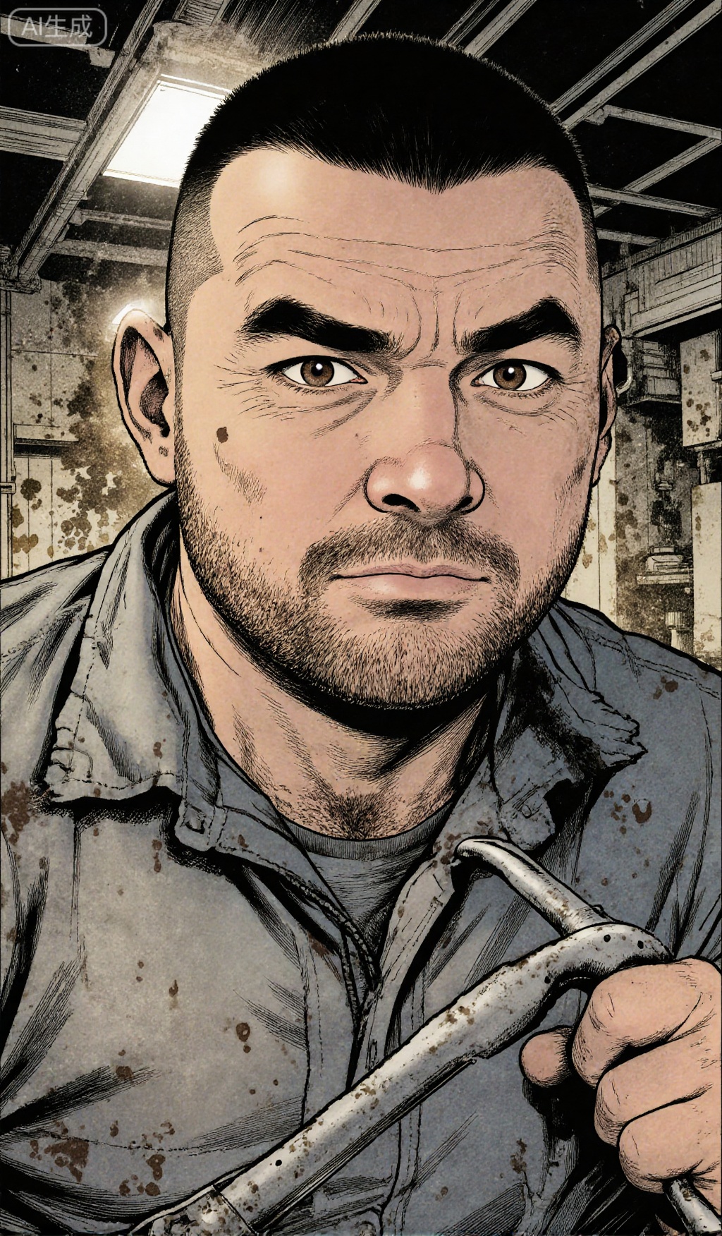 In a realistic comic style,depict a middle - aged man with a crew cut and stubble on his face. His eyes are deep - set. He is wearing work clothes,tightly holding tools in his hands,standing in a factory workshop full of oil stains,with a very focused expression.,