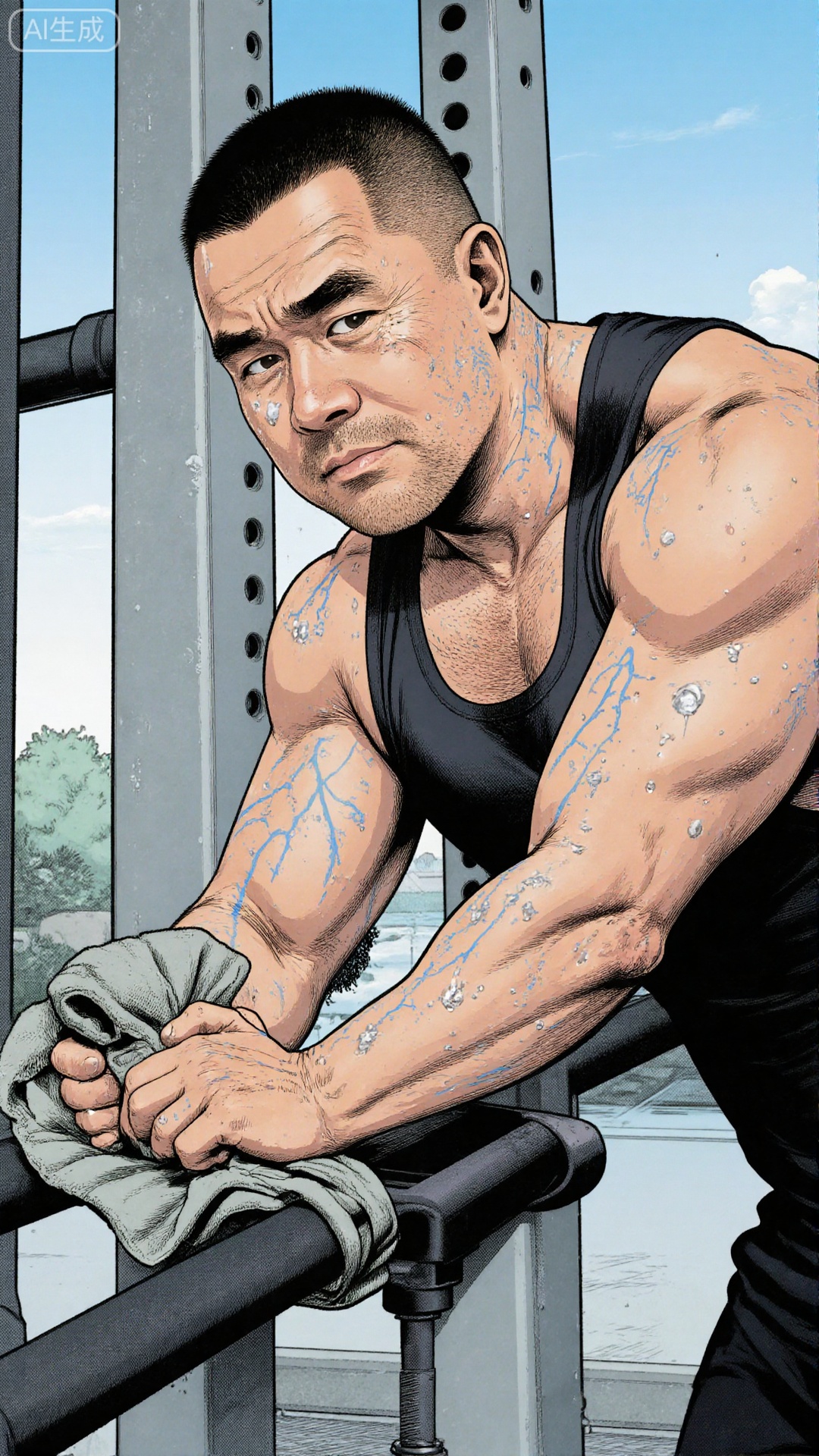 comic,Middle-aged man, short hair with buzz cut, black sports vest (sweat-wet state), indoor, gym, leaning on the equipment to breathe. Just after training, the blue veins on his arms were slightly visible, holding a towel to wipe sweat, looking at the brighter sky outside the window, looking at the eyes that were focused and relaxed after exercise