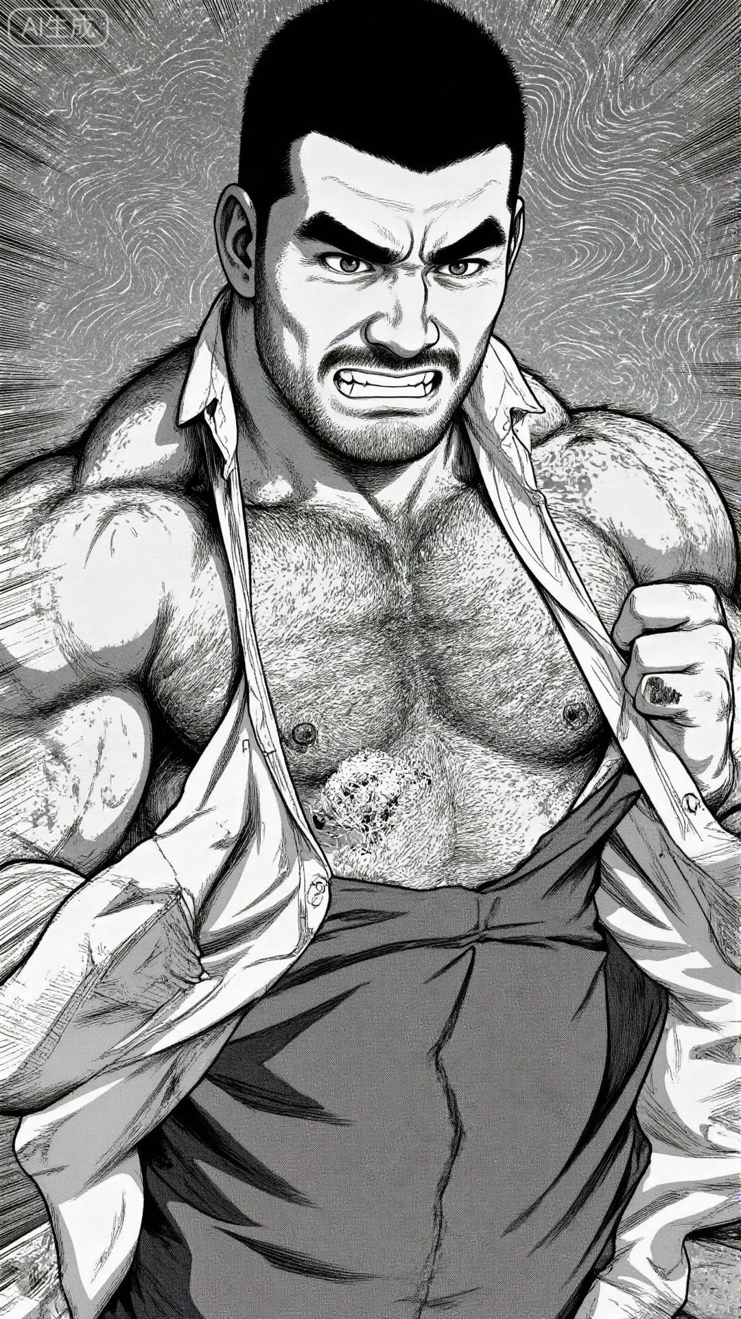 comic,The image depicts a muscular man with a rugged appearance wearing a sleeveless shirt that is partially unbuttoned revealing his chest and upper body. His expression is one of intense concentration or determination with furrowed brows and a clenched fist. The background consists of abstract swirling patterns that create a dynamic and energetic atmosphere. The overall style of the image is reminiscent of a comic book or manga with bold lines and shading to emphasize the character's muscular physique and the dramatic setting.
