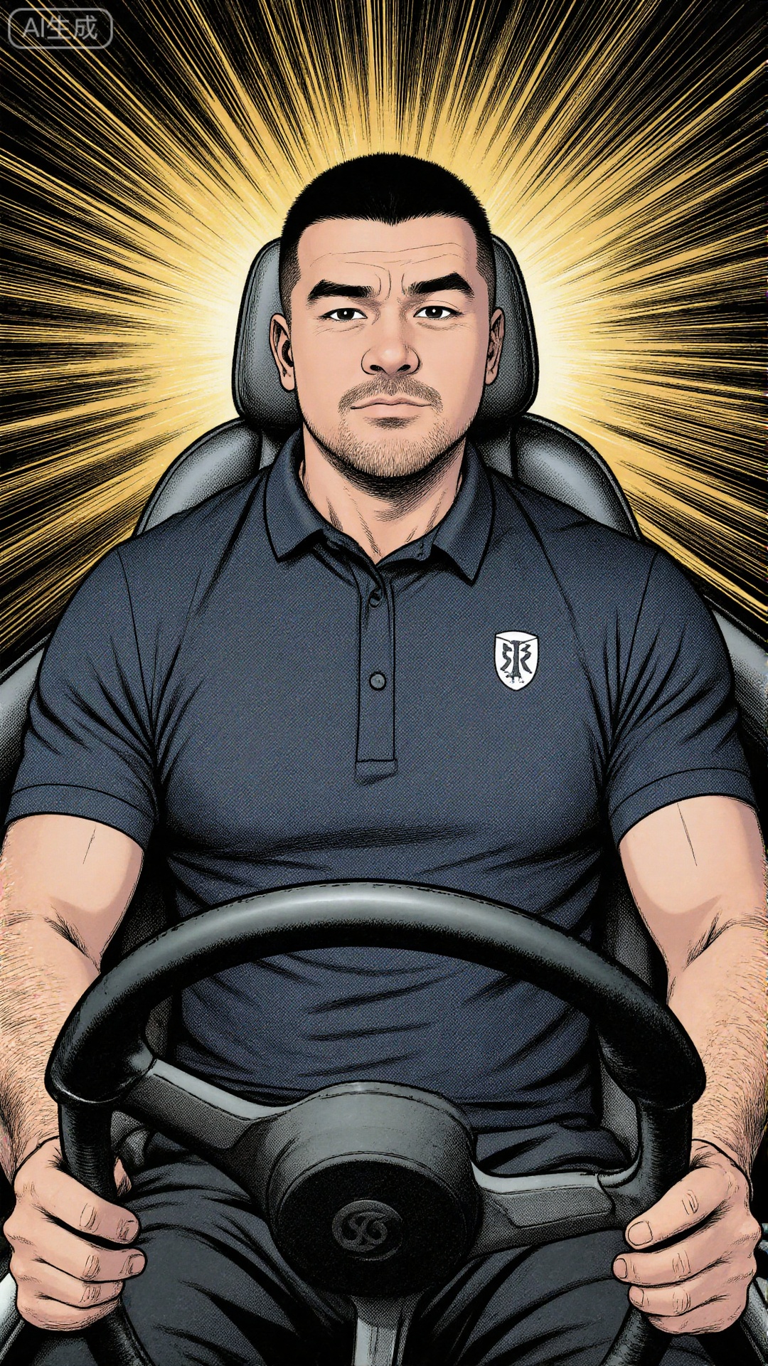 comic,The image depicts a man sitting in the driver's seat of a car holding the steering wheel. He is wearing a dark polo shirt with a visible logo on the left side of his chest. The background features a dynamic radiating pattern that suggests movement or energy likely meant to convey speed or excitement. The man's expression appears focused and confident.