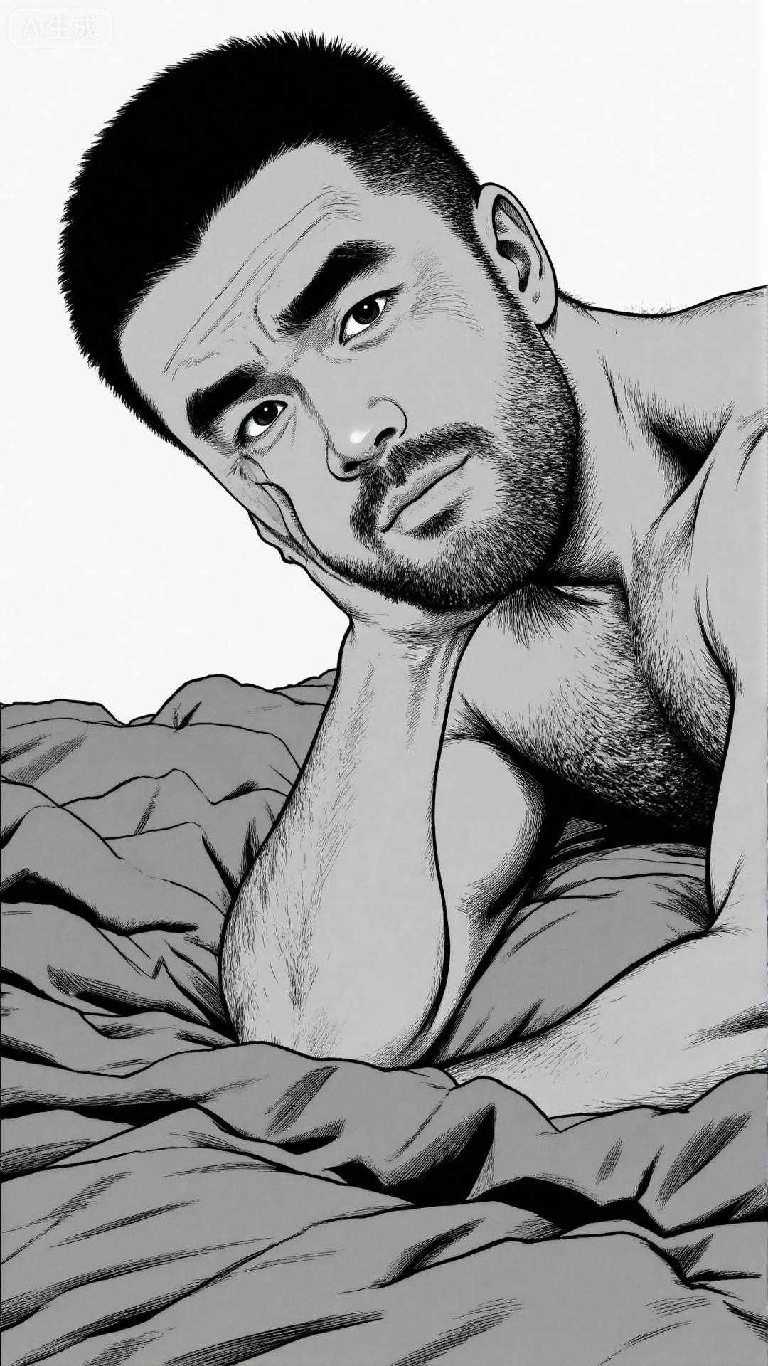 comic,The image depicts a man lying on a bed,partially covered by a blanket. He has short, dark hair and a neatly trimmed beard. His expression appears contemplative with his head resting on his left arm which is bent at the elbow. The man's body is partially visible showing a muscular build. The background is plain with no additional objects or details. The image is in black and white with fine lines used to create shading and texture.