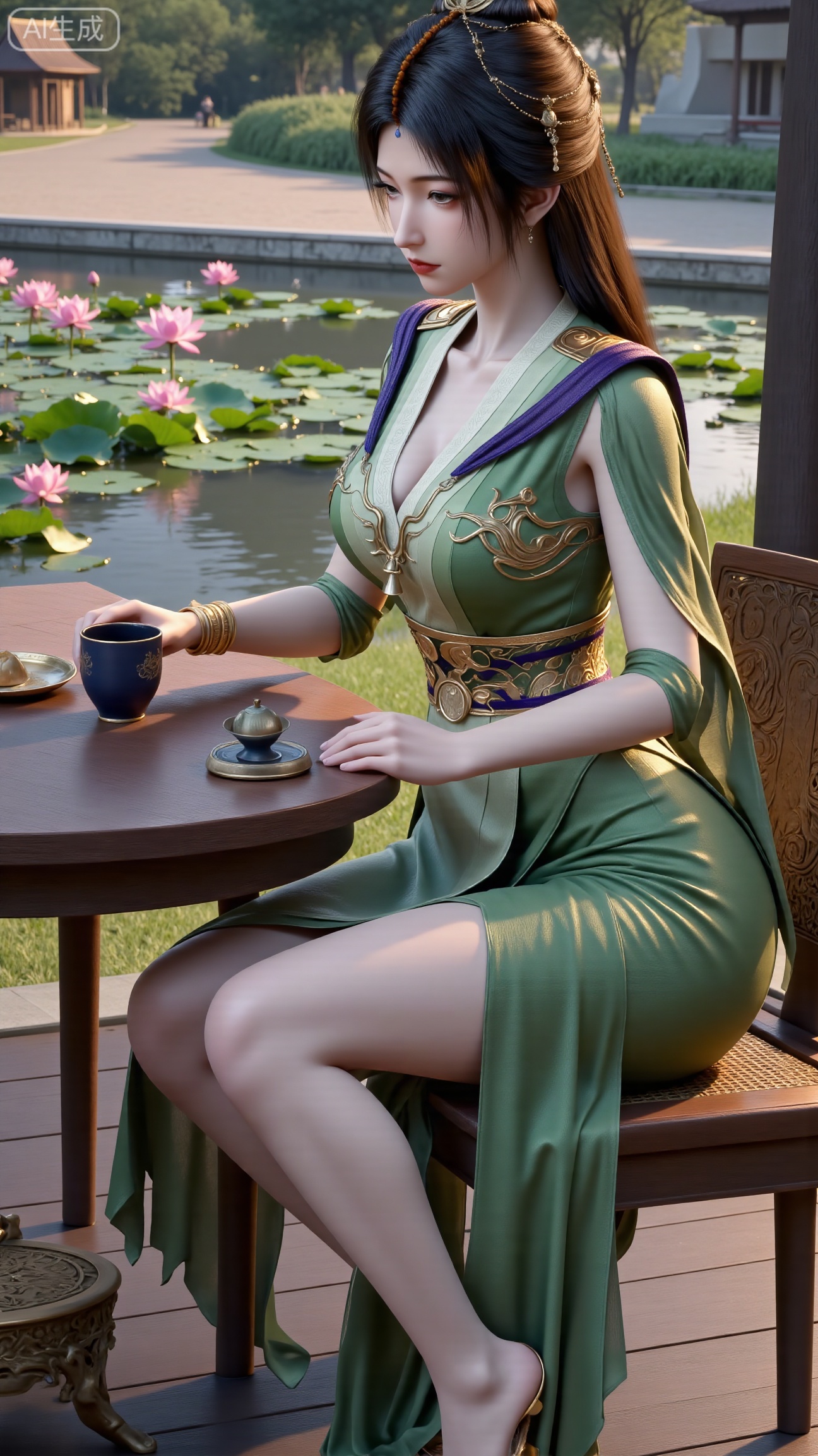 (masterpiece, best quality:1.2),1girl, solo, ornament, , breasts, no eye shadow, even lighting, Sitting, pavilion, Table, chair, drinking tea, Grasp Extremely gaiwan, side_view, very awa, room background,,(Stockings, high heels:1.29),(huge breasts:2.99),(full breasts:2.99),,(Background with lotus pond and pink lotus flowers:1.39),XbaifengsongyuYH,Xbigbreasts,XmengkeerXHY,XliuyuH