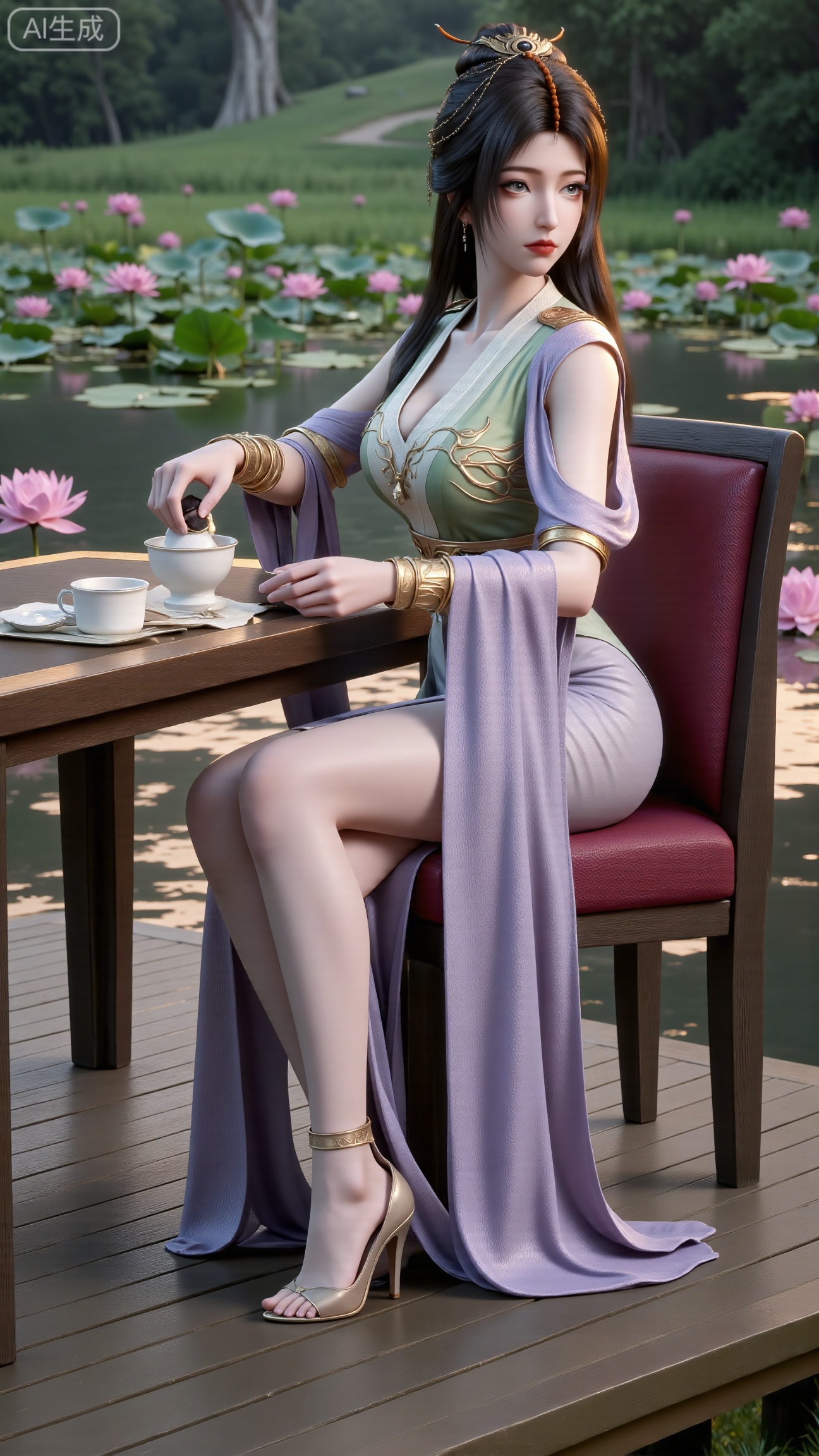 (masterpiece, best quality:1.2),1girl, solo, ornament, , breasts, no eye shadow, even lighting, Sitting, pavilion, Table, chair, drinking tea, Grasp Extremely gaiwan, side_view, very awa, room background,,(Stockings, high heels:1.29),(huge breasts:2.99),(full breasts:2.99),,(Background with lotus pond and pink lotus flowers:1.39),XbaifengsongyuYH,Xbigbreasts,XmengkeerXHY,XliuyuH
