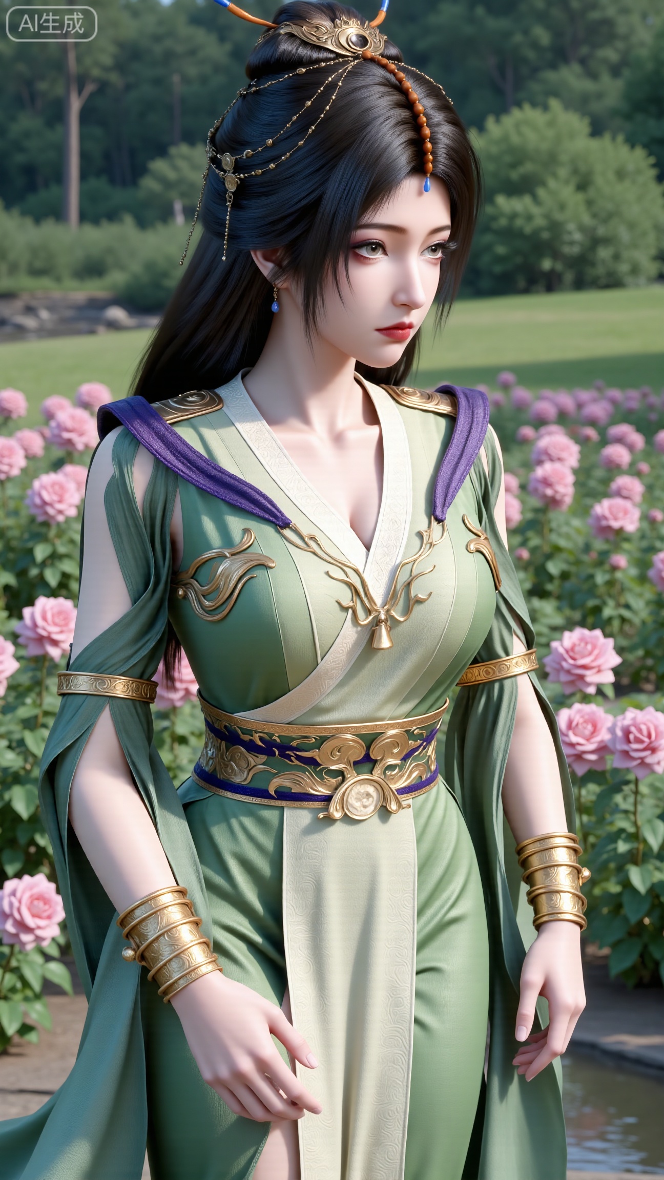 (masterpiece:1.2),best quality,,A woman adorned in traditional Chinese attire,( dress,black long hair),featuring a flowing robe with intricate embroidery and floral accents. A garden filled with pink roses and lush greenery. Soft pastel hues of white,blue,and green,creating a serene atmosphere. Photorealistic photography.,(huge breasts:2.99),(full breasts:2.99),,XbaifengsongyuYH,Xbigbreasts,XmengkeerXHY,XliuyuH